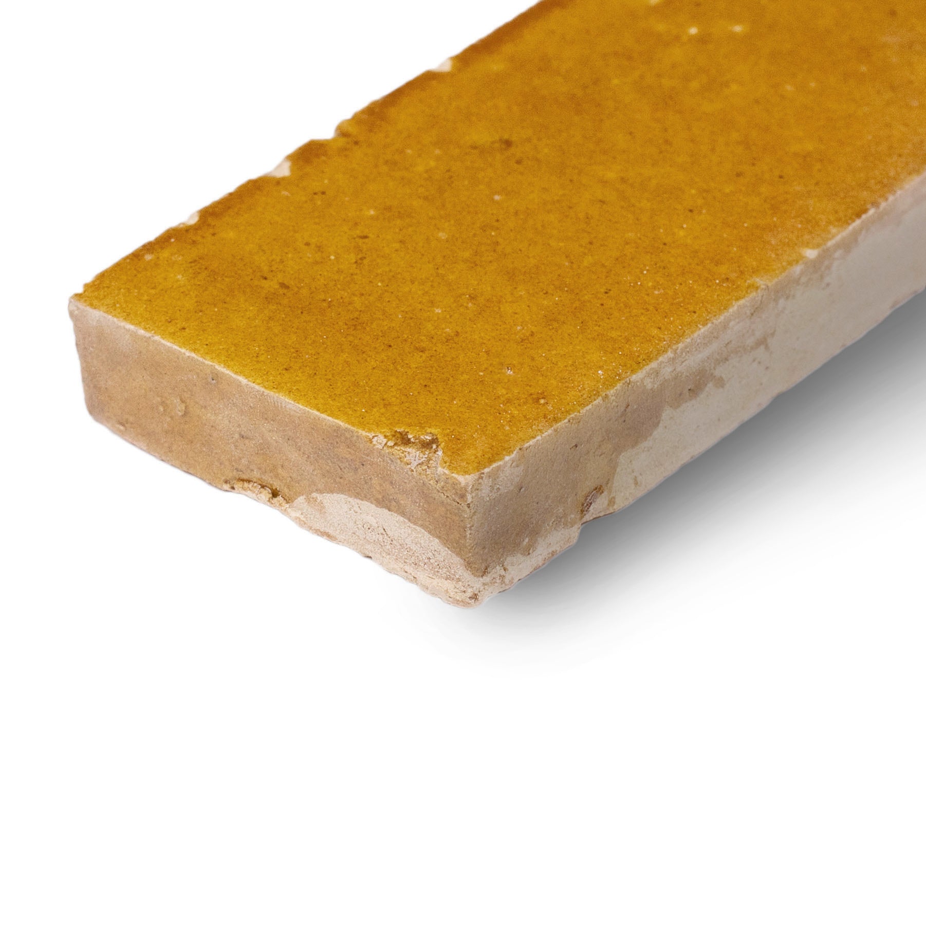 Caramel Glazed Zellige Plinth in yellow terracotta with glossy finish from Small Format Tiles, Handmade Moroccan Zellige Tiles, New Arrivals