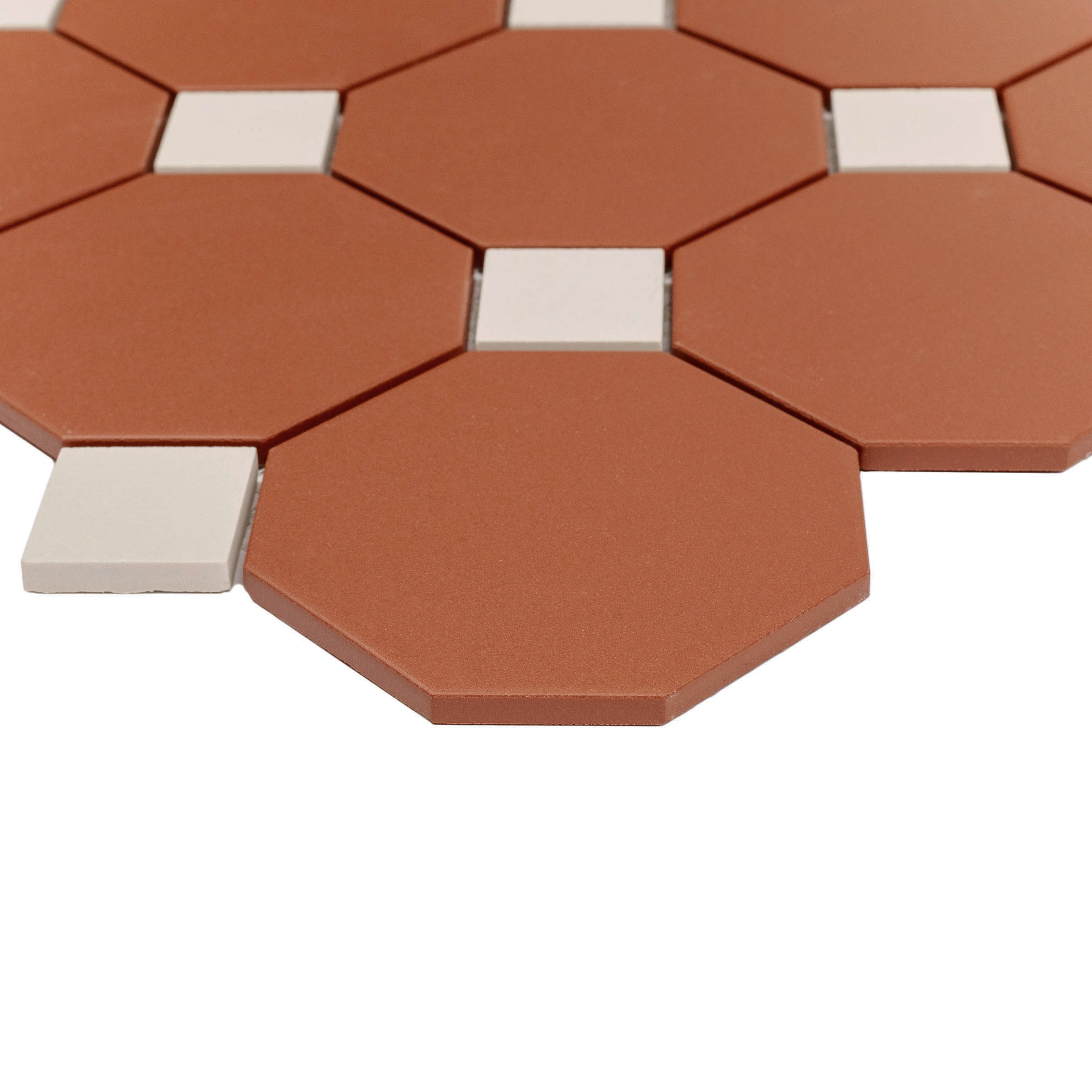 Cotto & Cream 12x12 Octagon Porcelain Mosaic Tile Sample in warm terracotta and cream, Porcelain collection.