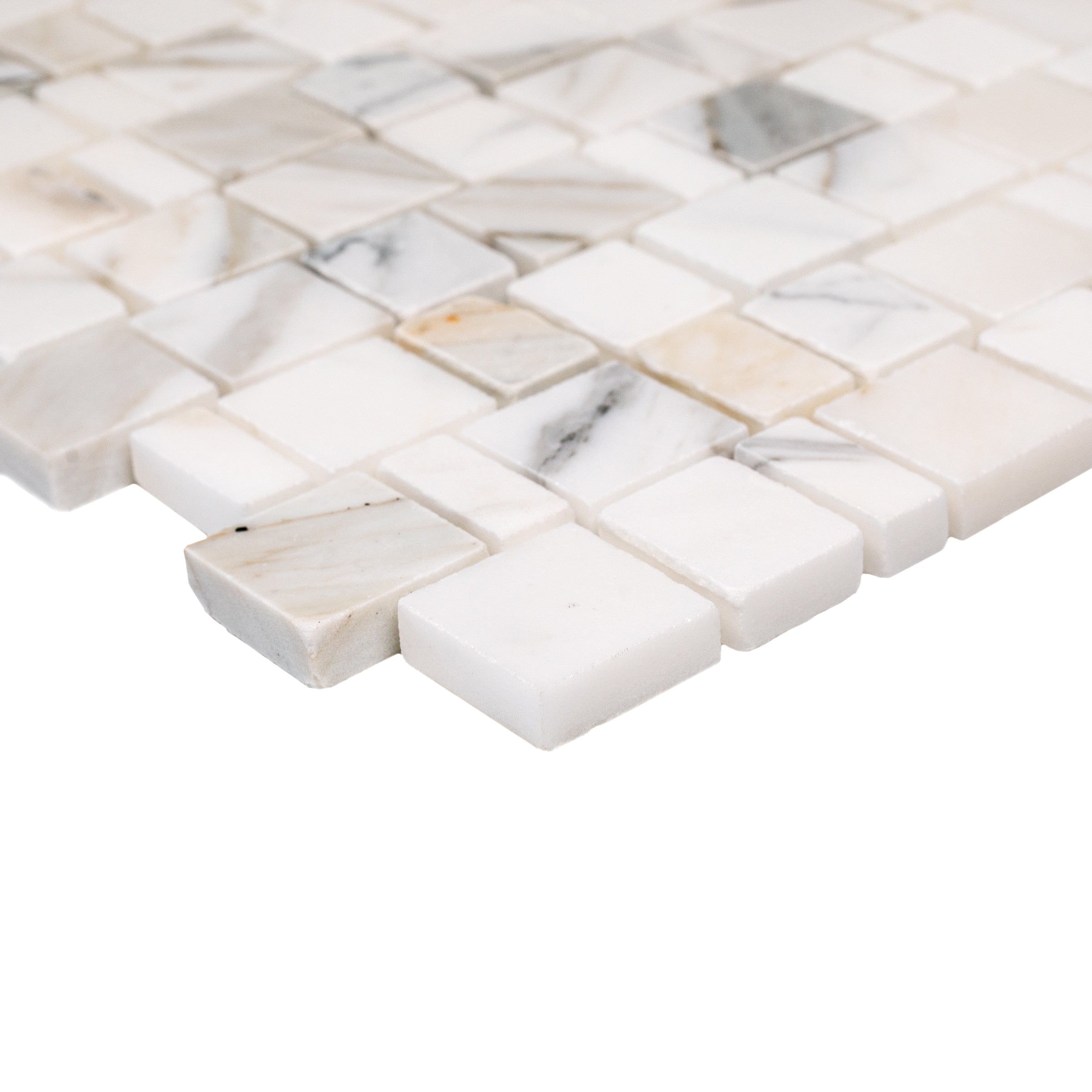 Calacatta Running Bond Marble Mosaic Sample tile close-up showing white and gray veined marble in SAMPLES ONLY collection