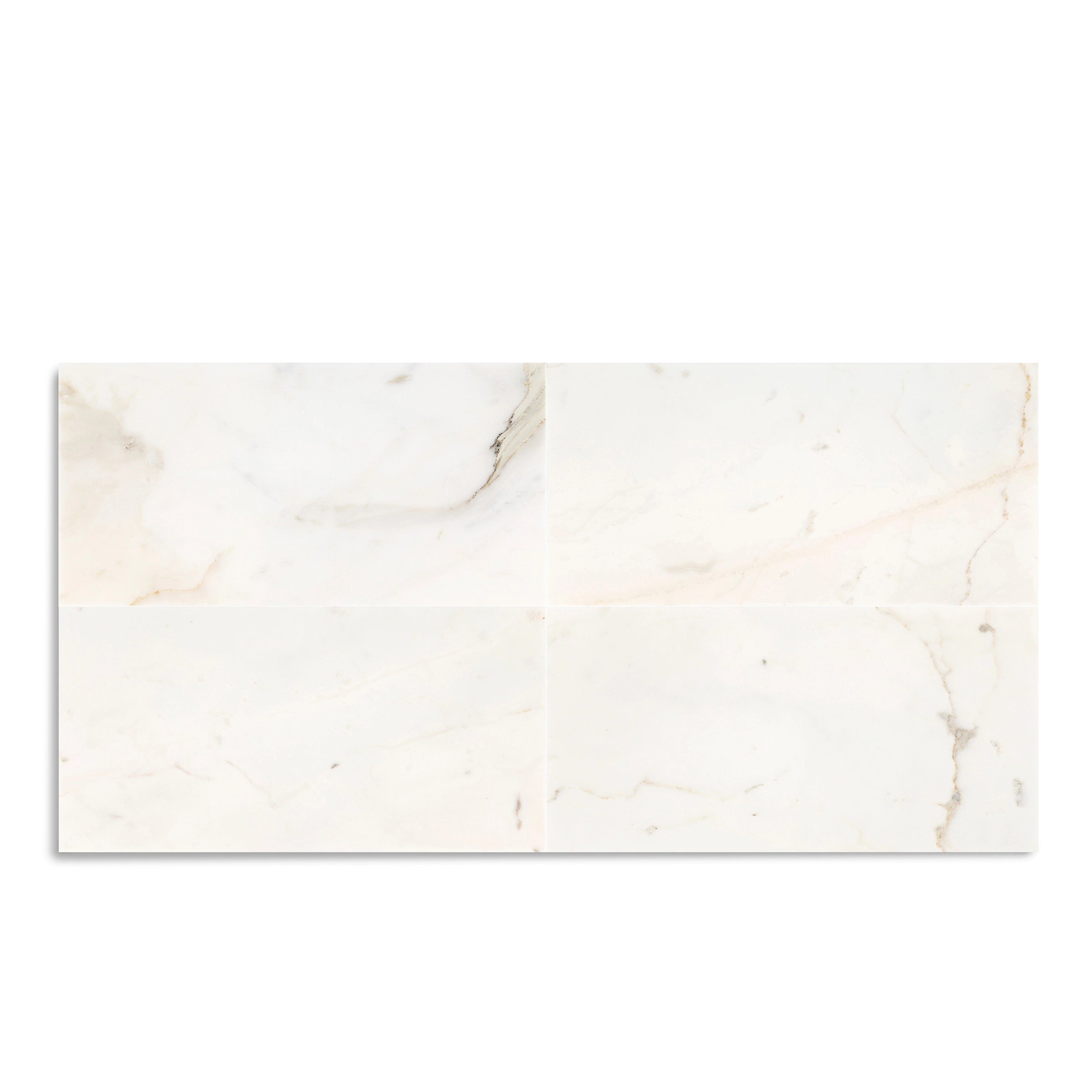 Four smooth porcelain tiles with creamy white surfaces and subtle light beige and gray veining patterns
