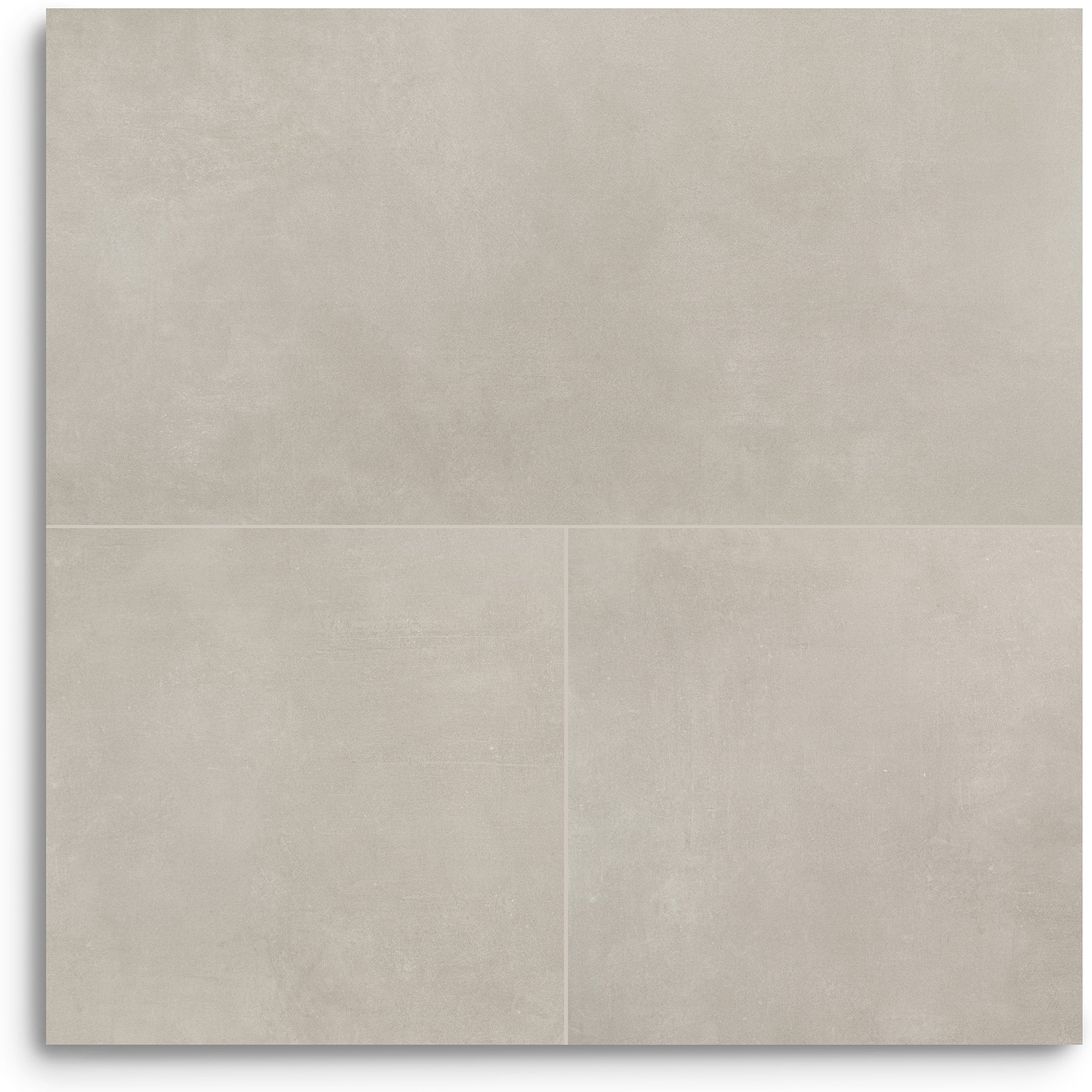 Warm gray concrete look porcelain tiles arranged in a three panel layout