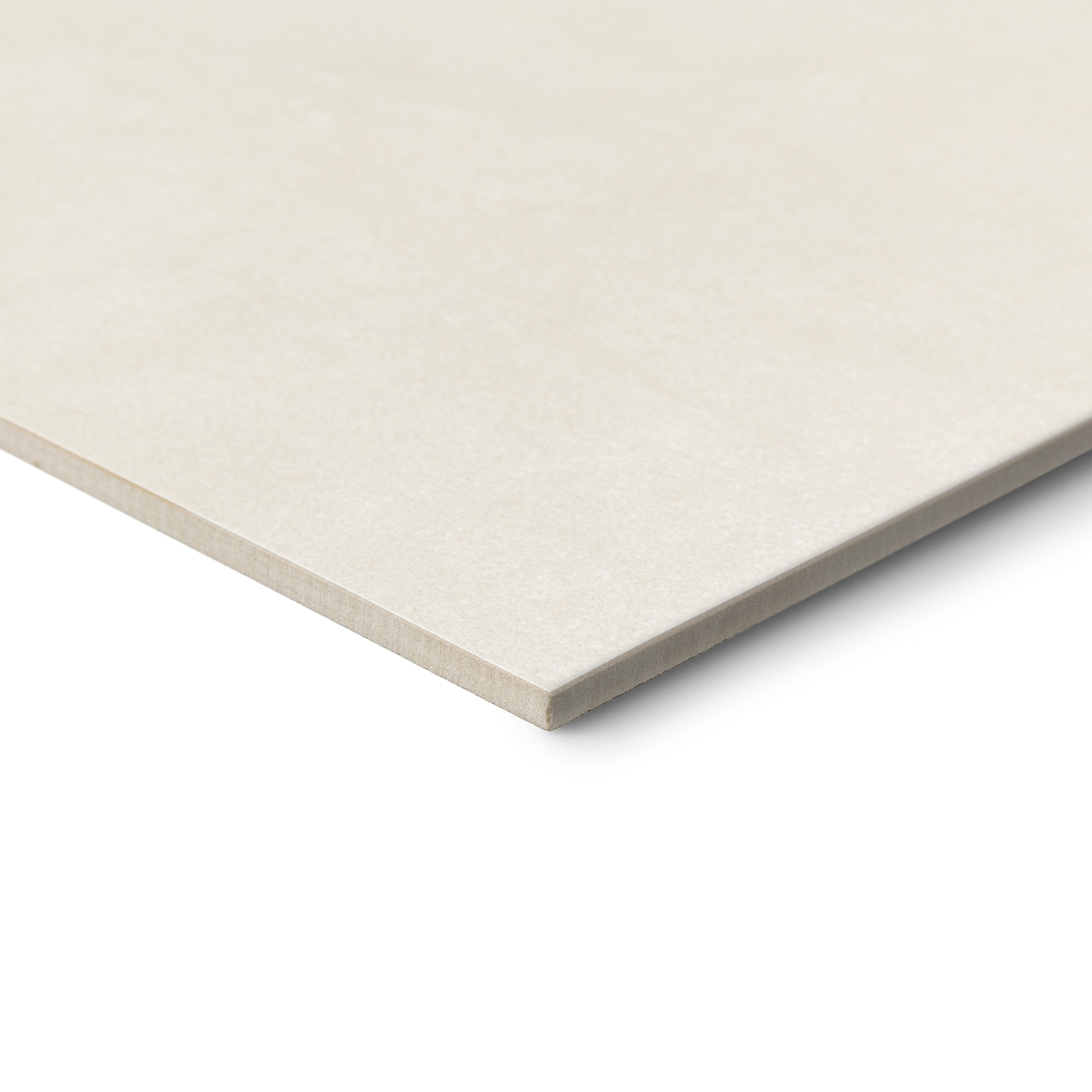 Close up of a large off white square tile with a subtle textured surface and beveled edge