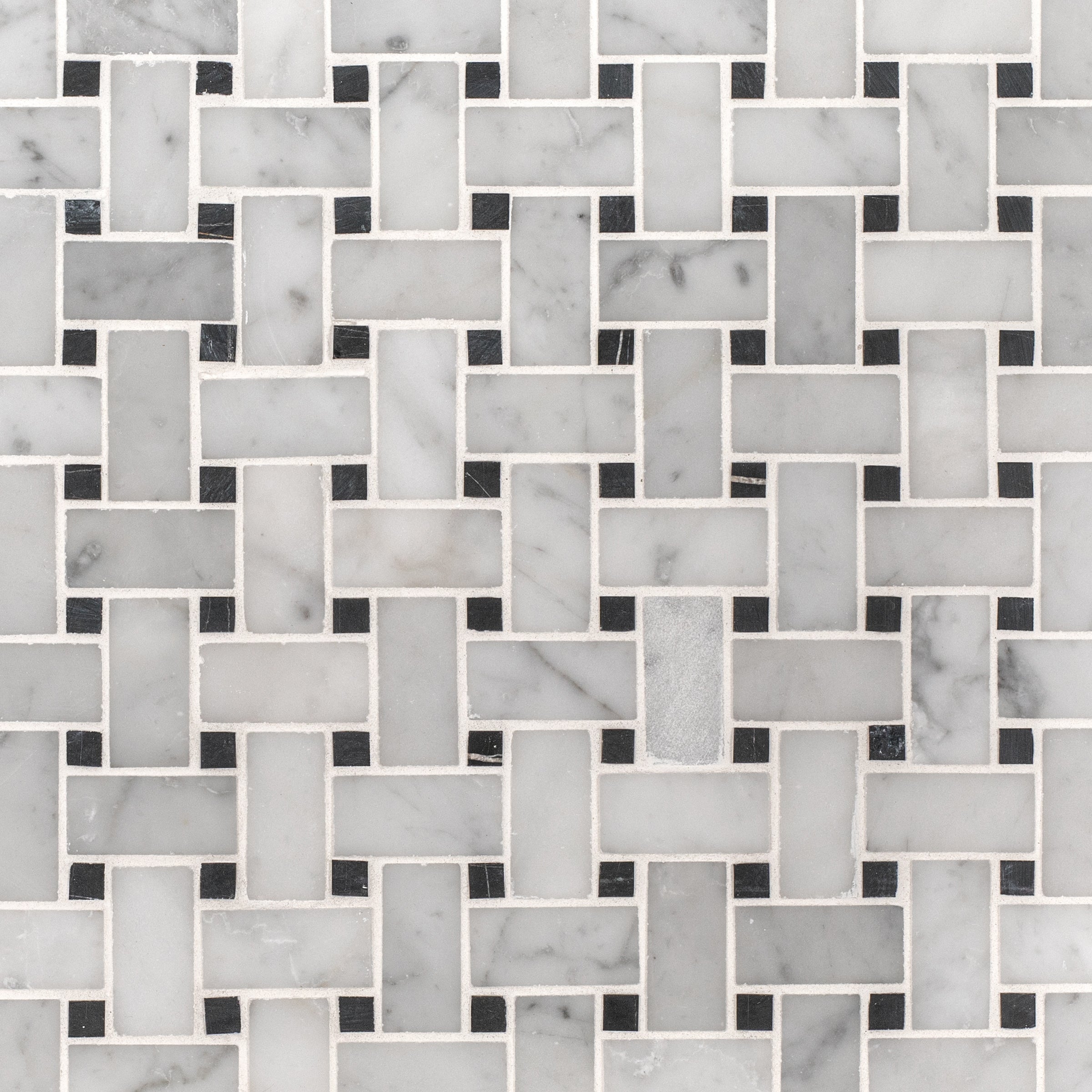 Carrara Honed Basketweave Marble Mosaic in gray, white, and black tones from Marble Tiles, Stone, New Arrivals collections