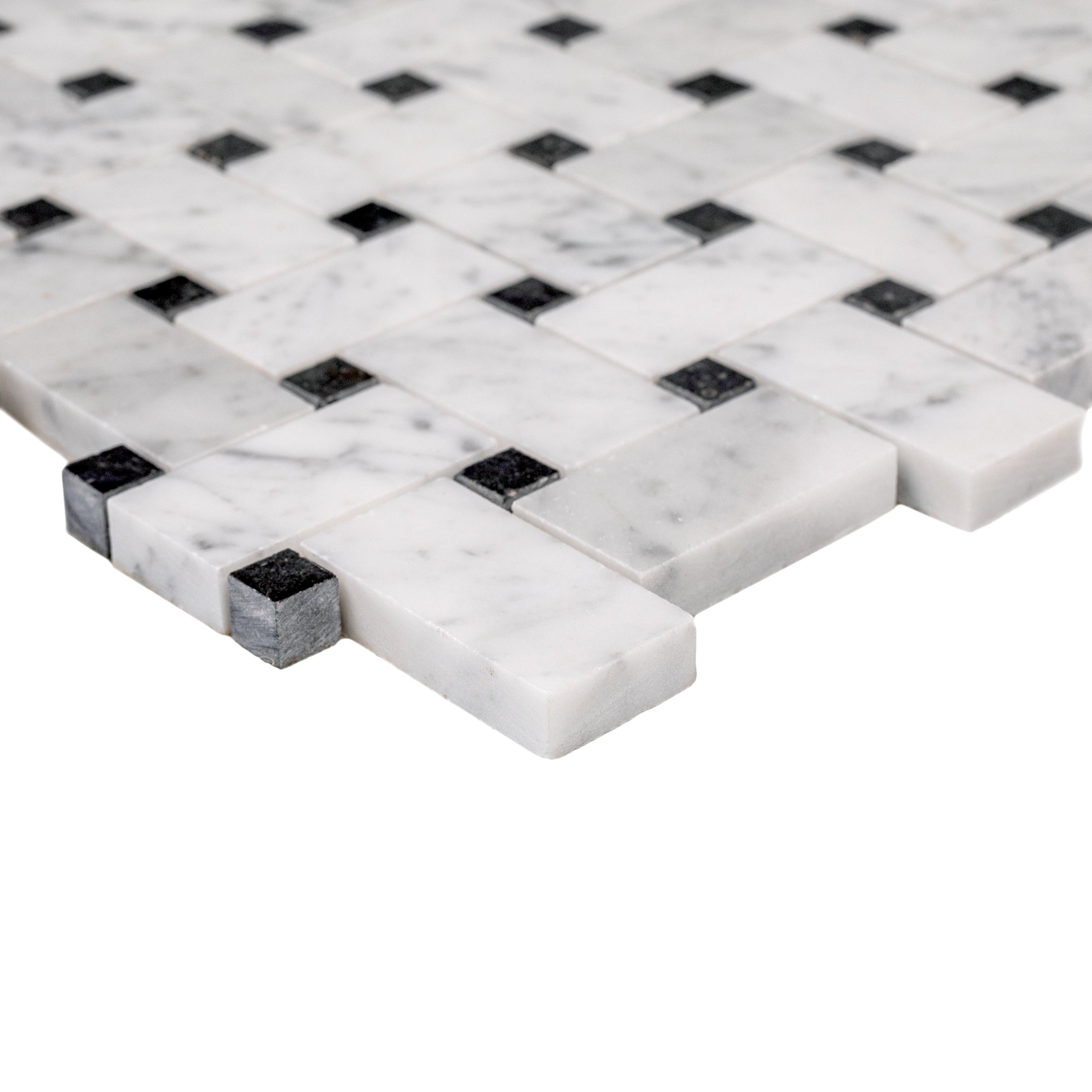 Carrara Honed Basketweave Marble Mosaic Sample with white marble and small black stone accents from SAMPLES ONLY collection