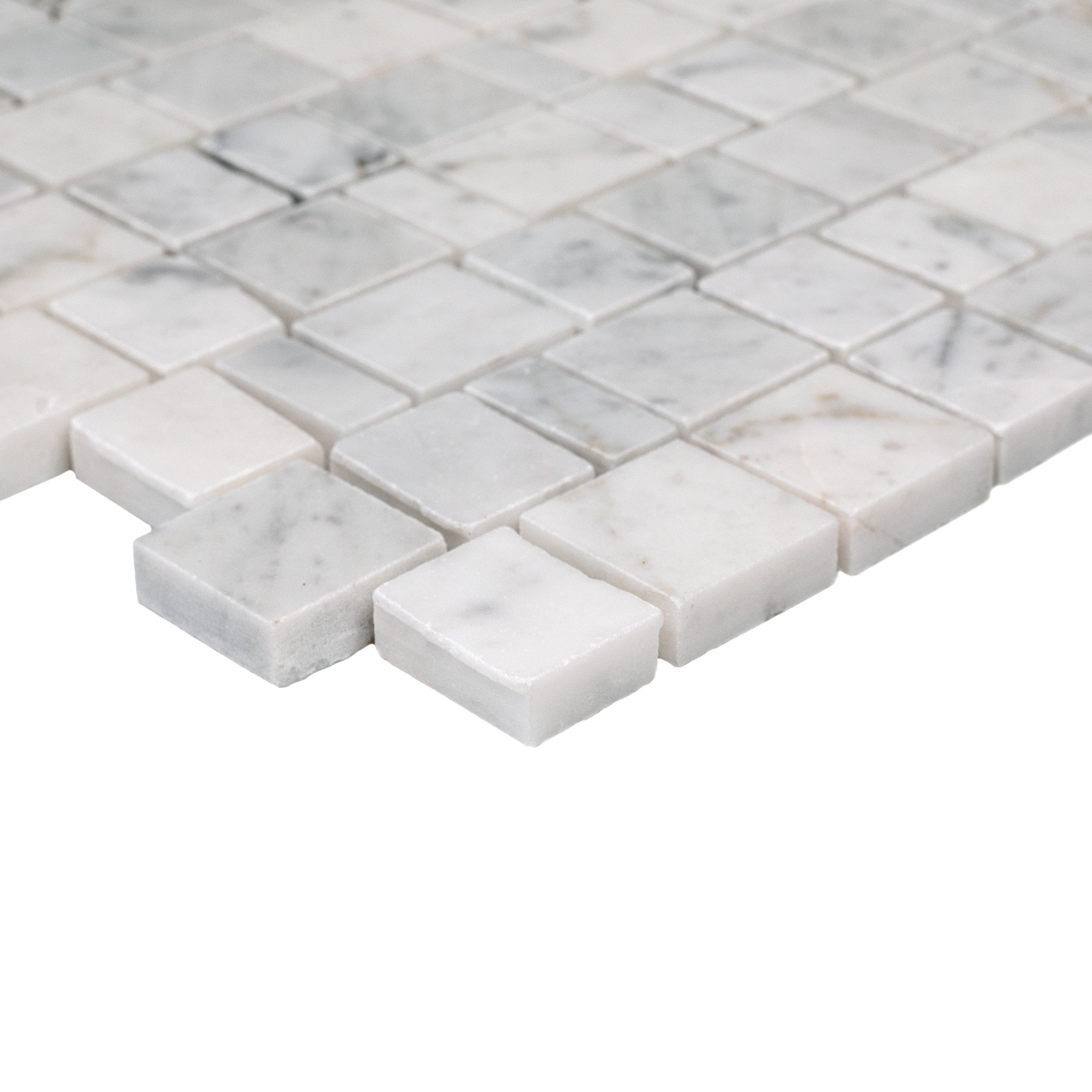 Carrara Running Bond Marble Mosaic Sample showing smooth white and gray marble tiles from SAMPLES ONLY collection