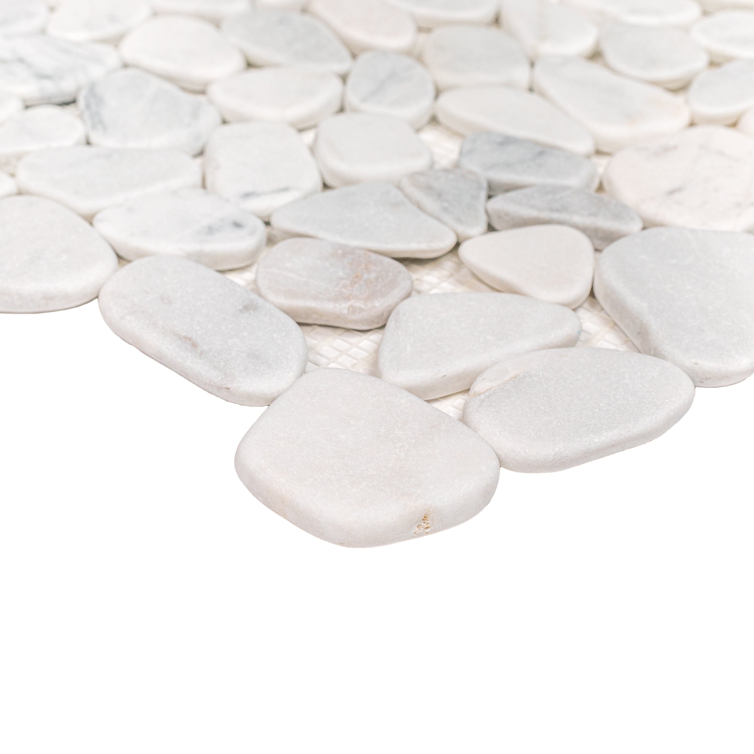 Carrara Tumbled Pebble Mosaic Sample showcasing smooth, white stones in SAMPLES ONLY collection for creative flooring designs