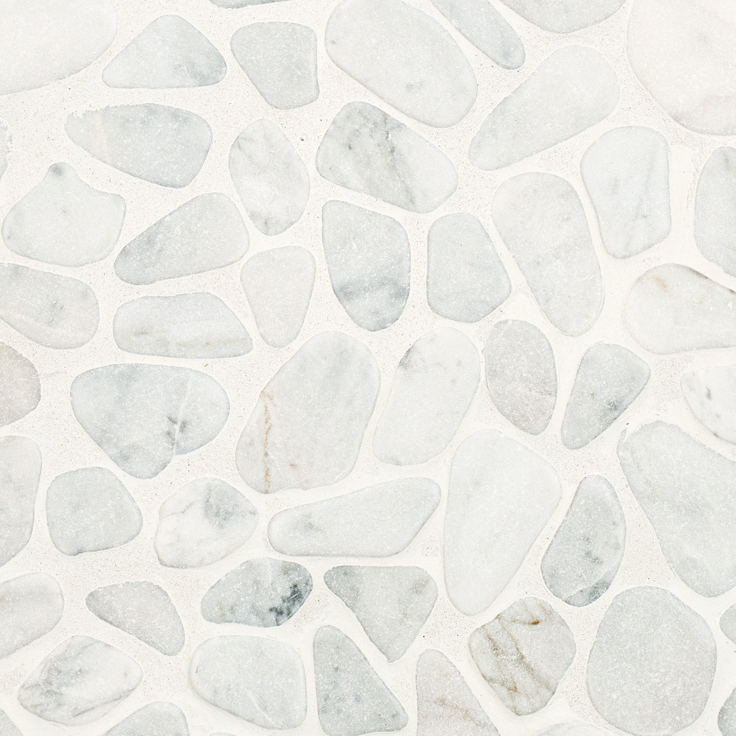 Carrara Tumbled Pebble Mosaic with smooth gray and white stone pebbles in varied shapes from Tumbled Pebble Mosaics Stone New Arrivals