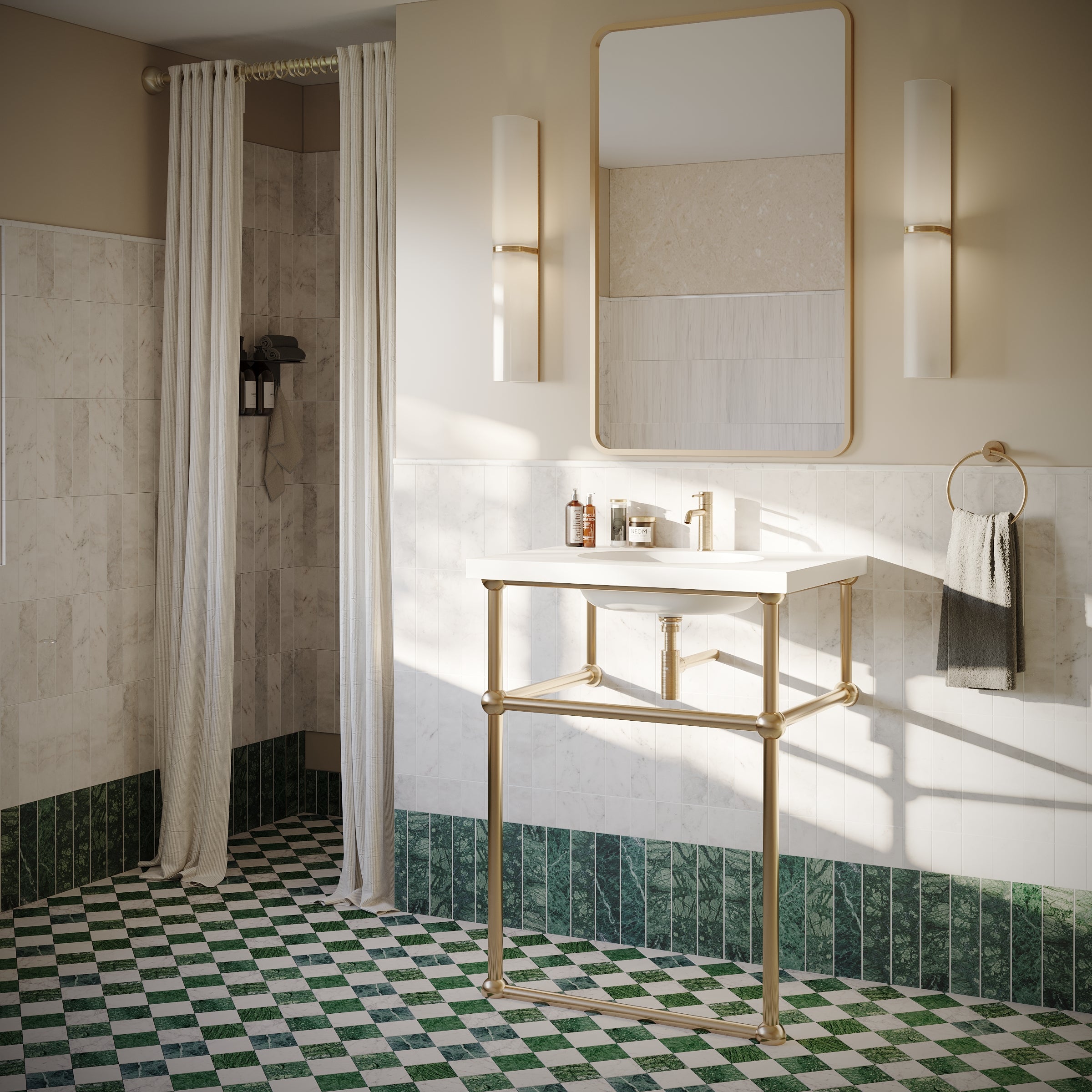 Carrara Verde Guatemala Tumbled Stone Checkerboard green and white marble tile floor in elegant bathroom setting from Tumbled Natural Stone Tiles