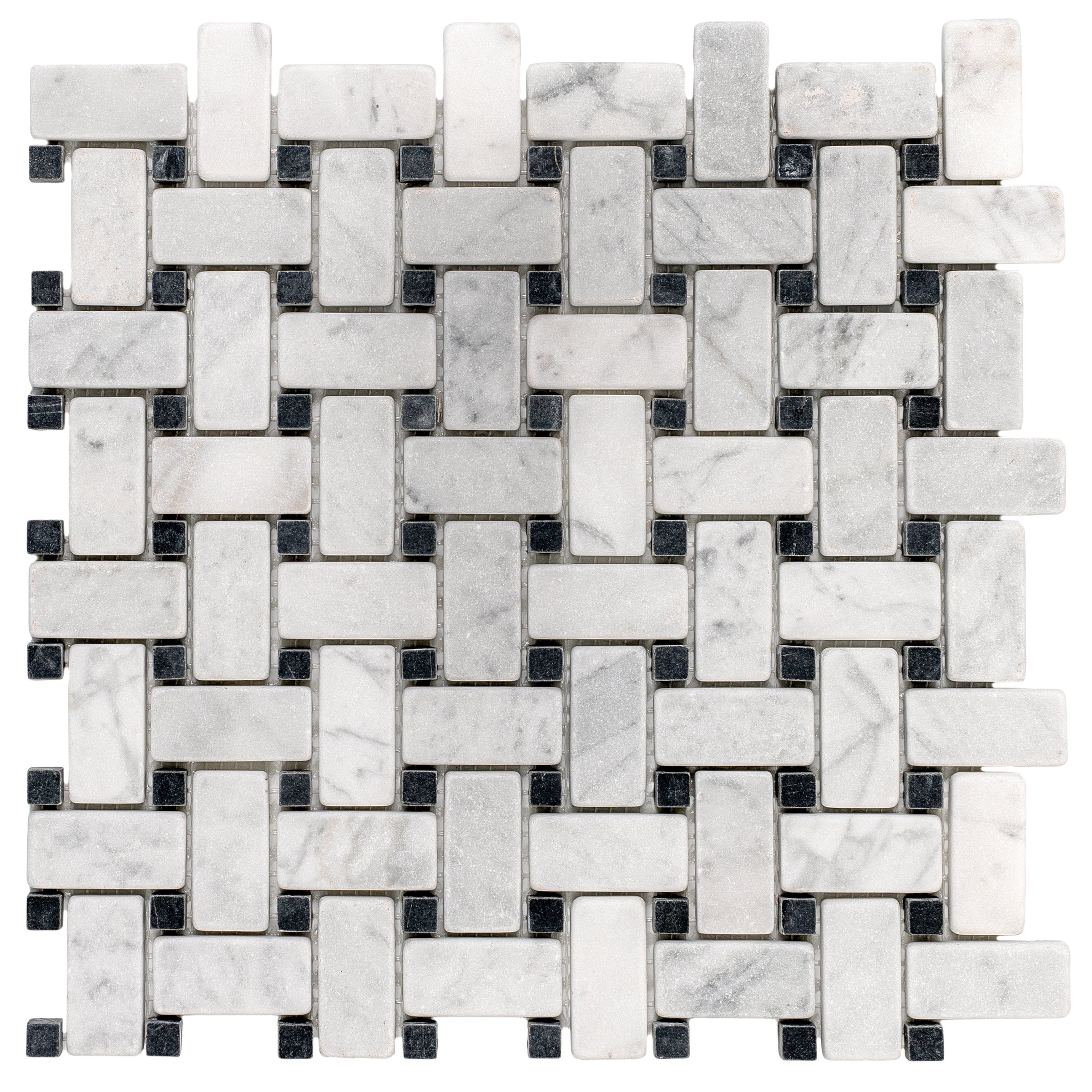 Carrara Tumbled Basketweave Marble Mosaic Sample showing woven marble tiles with dark grout from SAMPLES ONLY collection