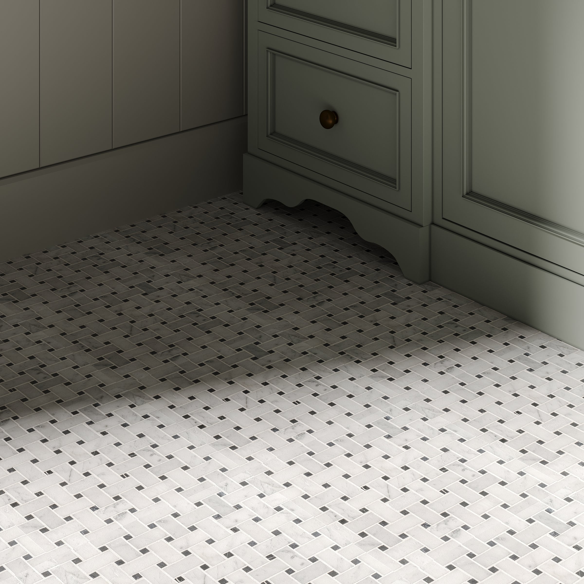Honed marble mosaic flooring in a basketweave pattern with white and gray tones beneath muted green cabinetry