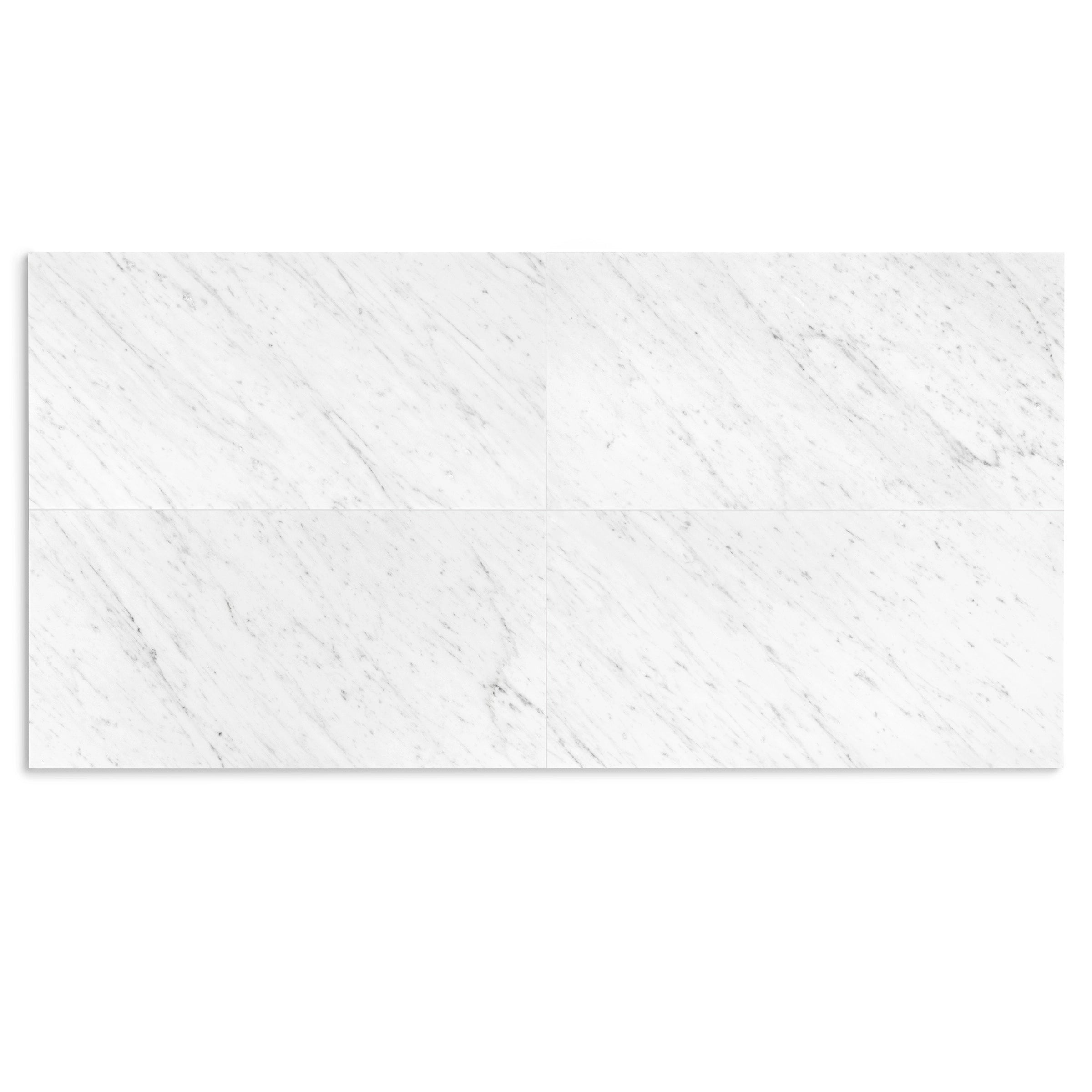 Four large white marble tiles with subtle grey veining and a smooth honed finish arranged in a grid pattern