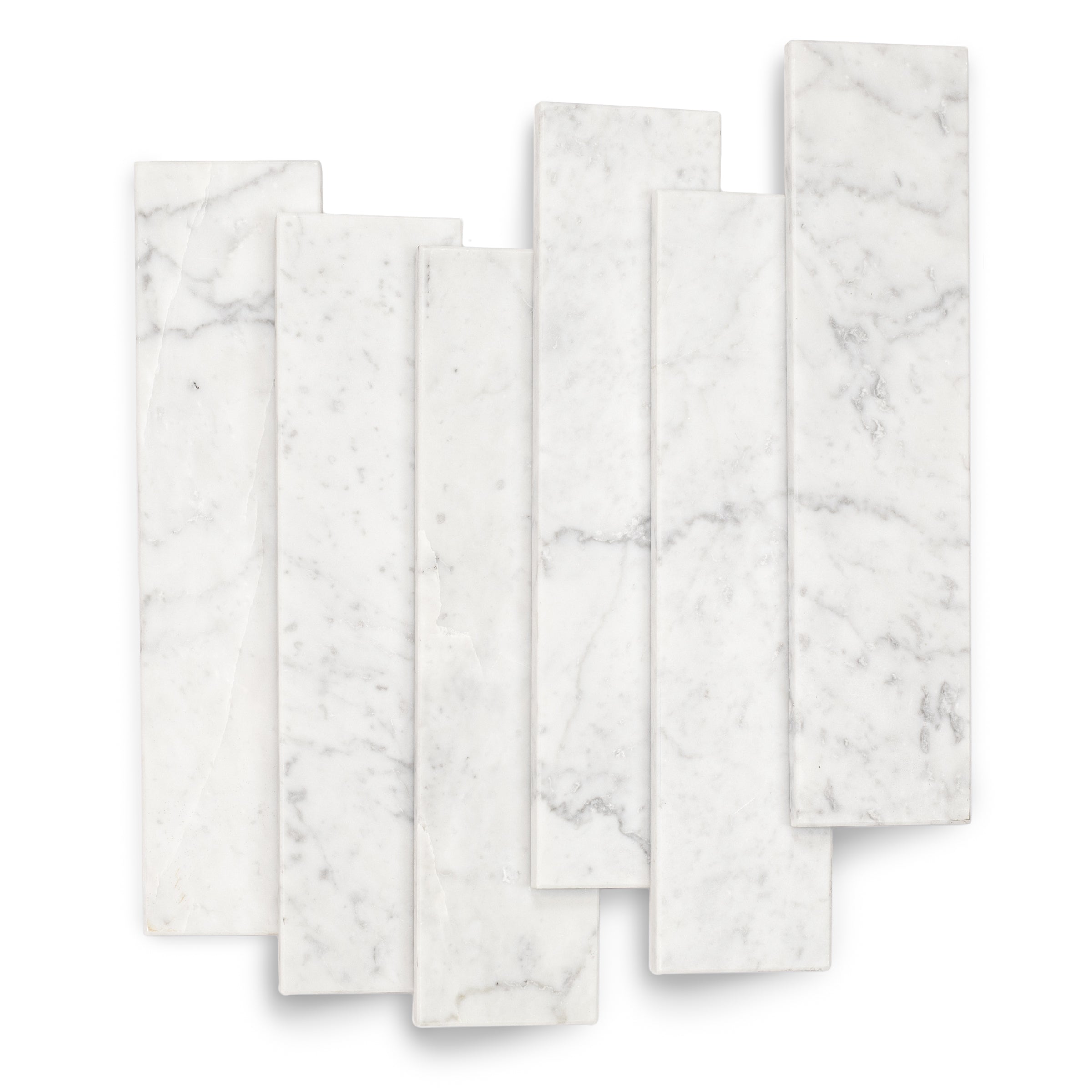 Set of narrow rectangular tiles in white marble with delicate gray veining and a smooth honed finish on white background
