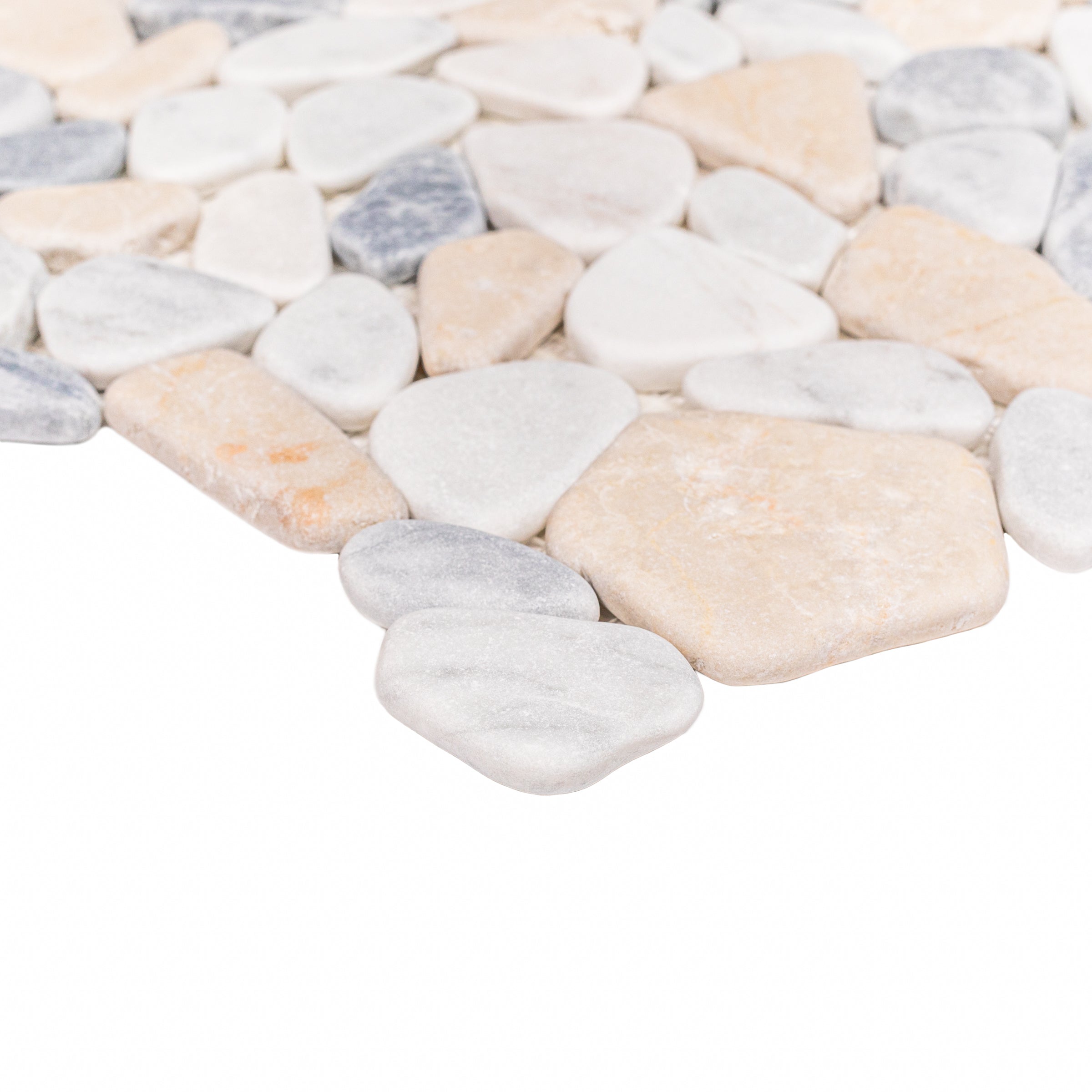Carrara, Crema, Bardiglio Tumbled Pebble Mosaic Sample showcasing natural stone texture in SAMPLES ONLY collection from Reno Source.
