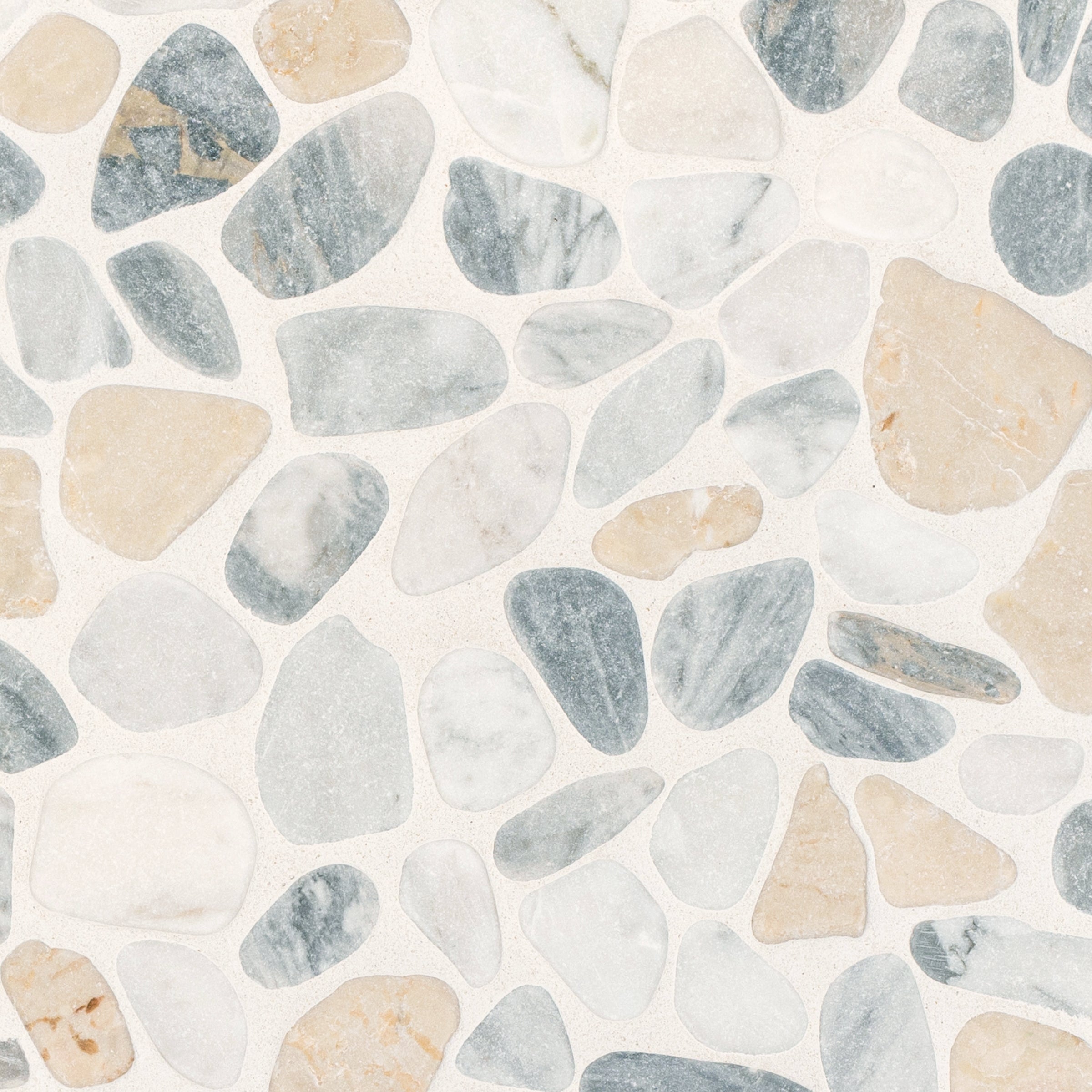 Carrara, Crema, Bardiglio Tumbled Pebble Mosaic with white, beige, gray stones from Tumbled Pebble Mosaics Stone New Arrivals GREY collection