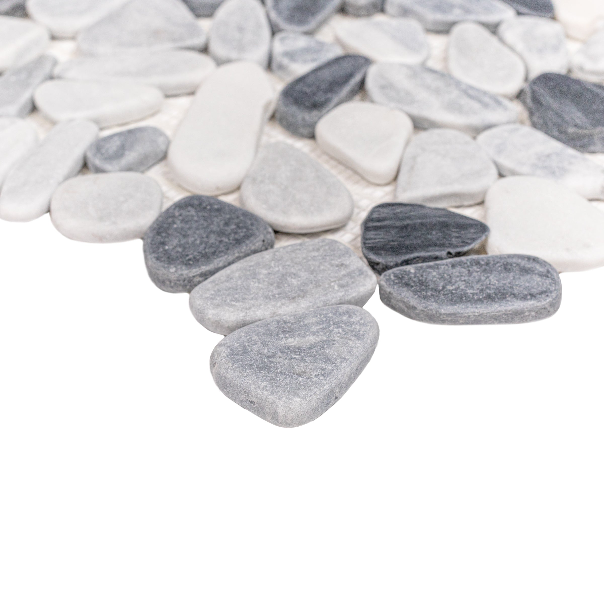 Carrara, Nero, Bardiglio Tumbled Pebble Mosaic Sample with smooth natural stone texture from SAMPLES ONLY collection