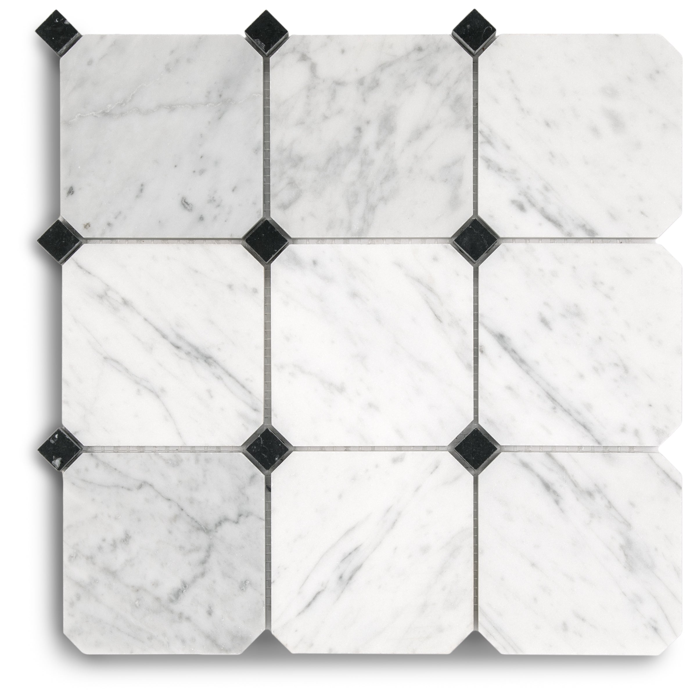 White marble tiles with subtle gray veining arranged in a grid with small black square accents at corners