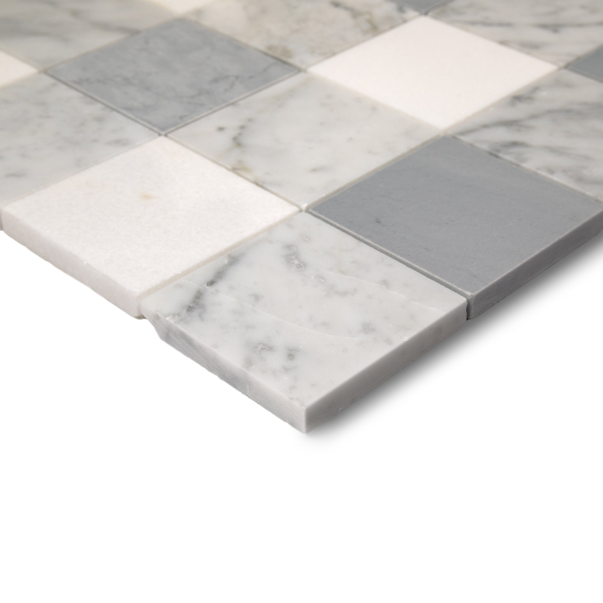 Thassos, Carrara, Bardiglio Gingham Marble Mosaic Sample from SAMPLES ONLY collection with checkerboard marble tile pattern