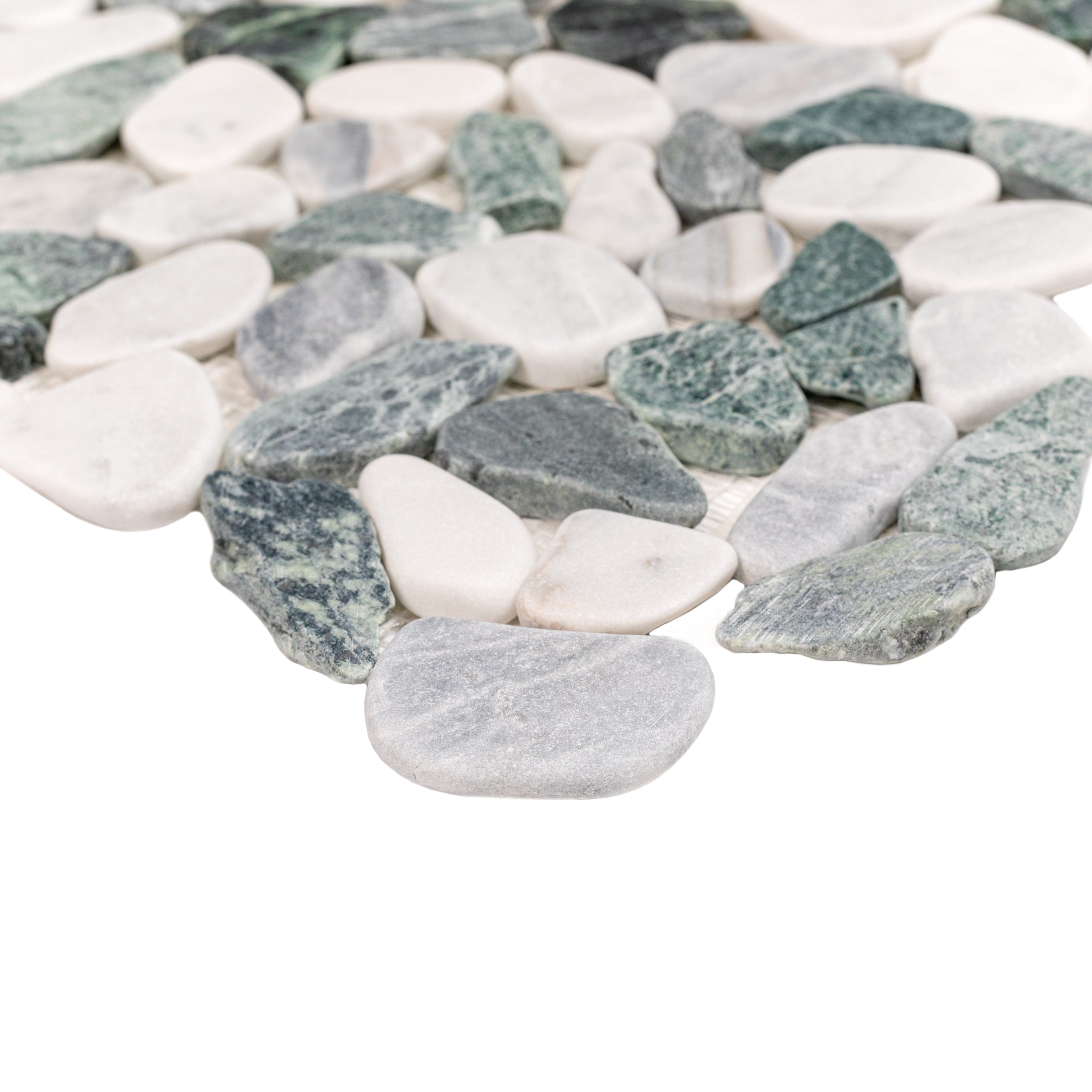 Carrara, Bardiglio, Verde Tumbled Pebble Mosaic Sample from SAMPLES ONLY, globally sourced for your imagination