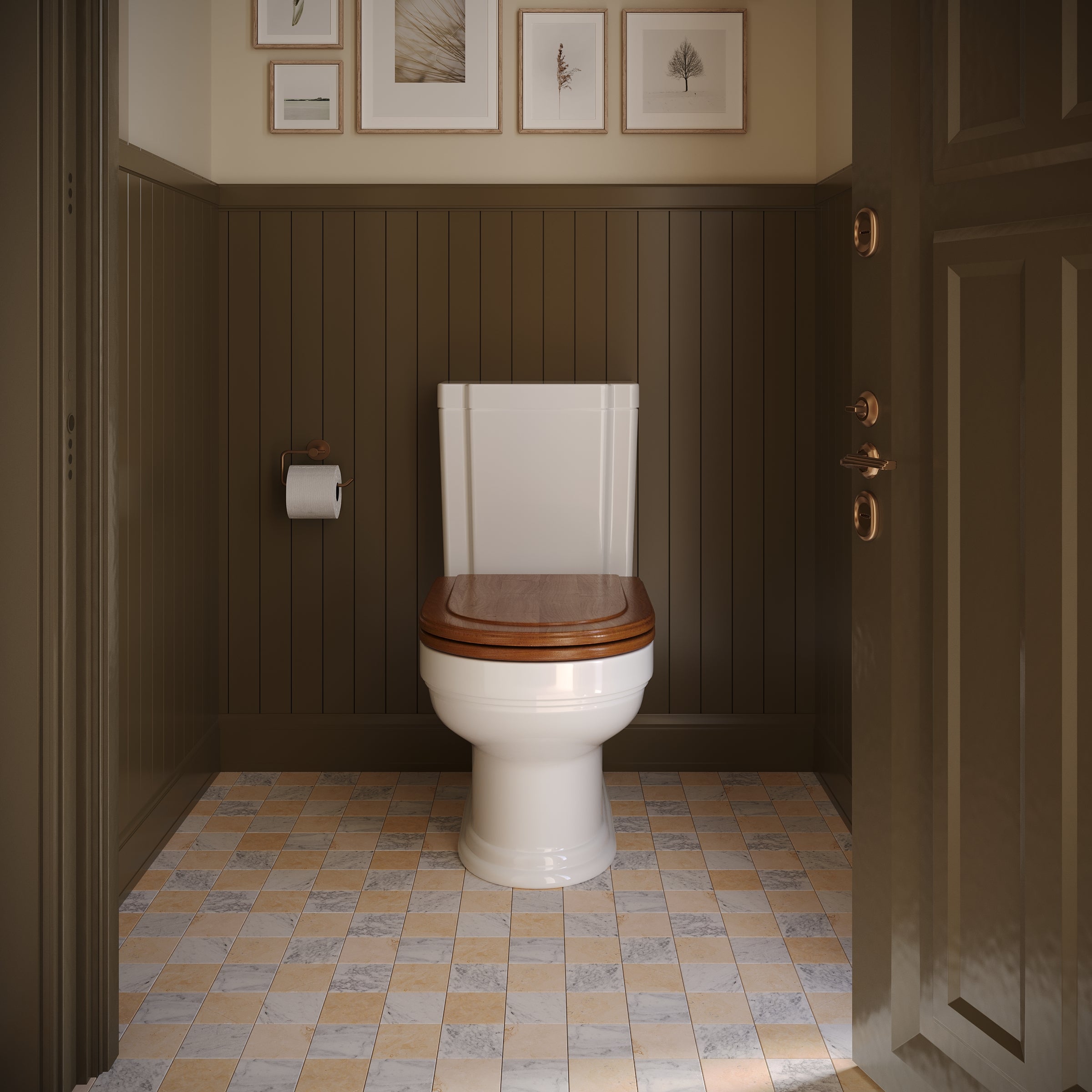 Carrara Desert Tea Tumbled Stone Checkerboard beige, white, gray marble tile floor in cozy bathroom setting