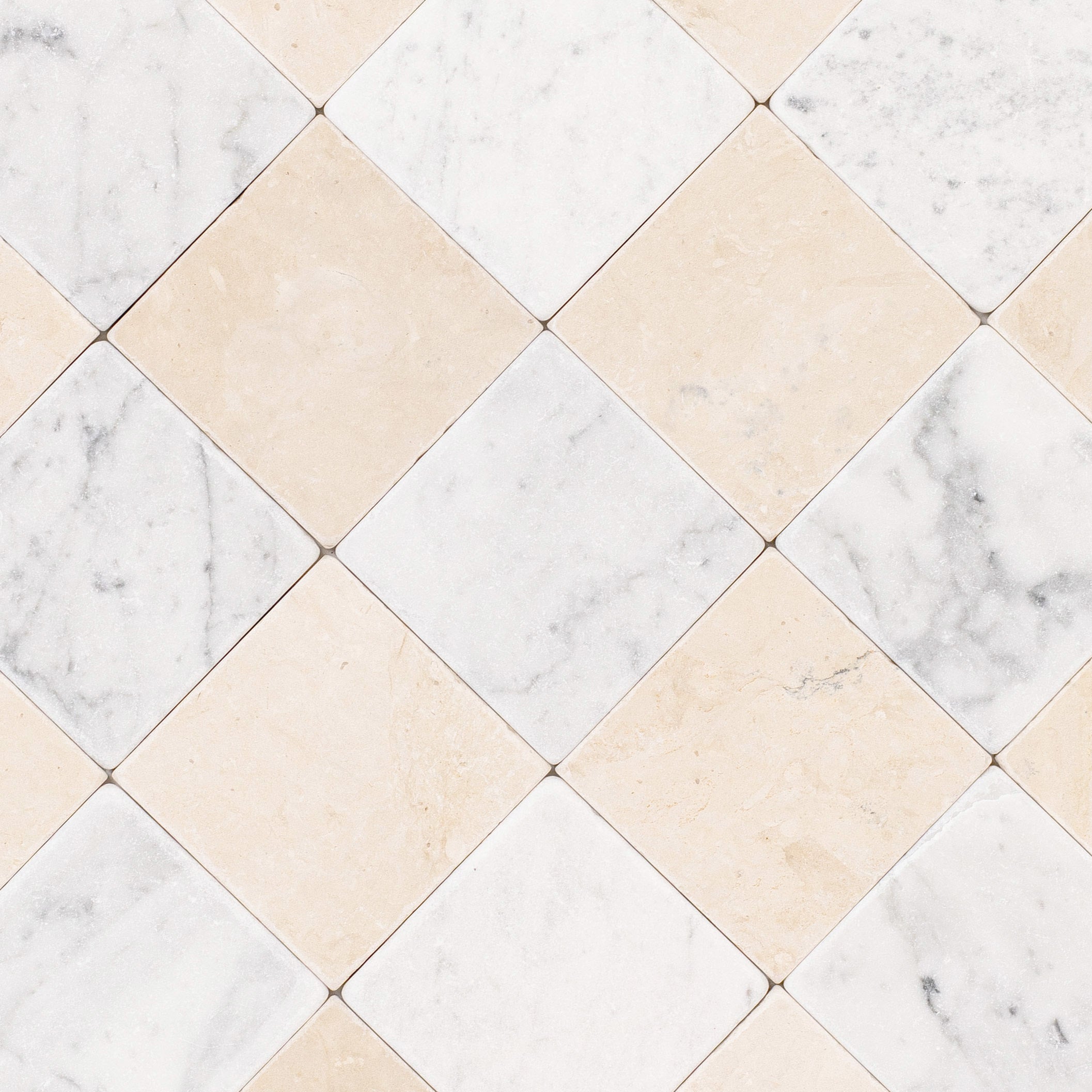 Carrara Desert Tea Tumbled Stone Checkerboard beige, white, gray marble tile from Tumbled Natural Stone Tiles collection