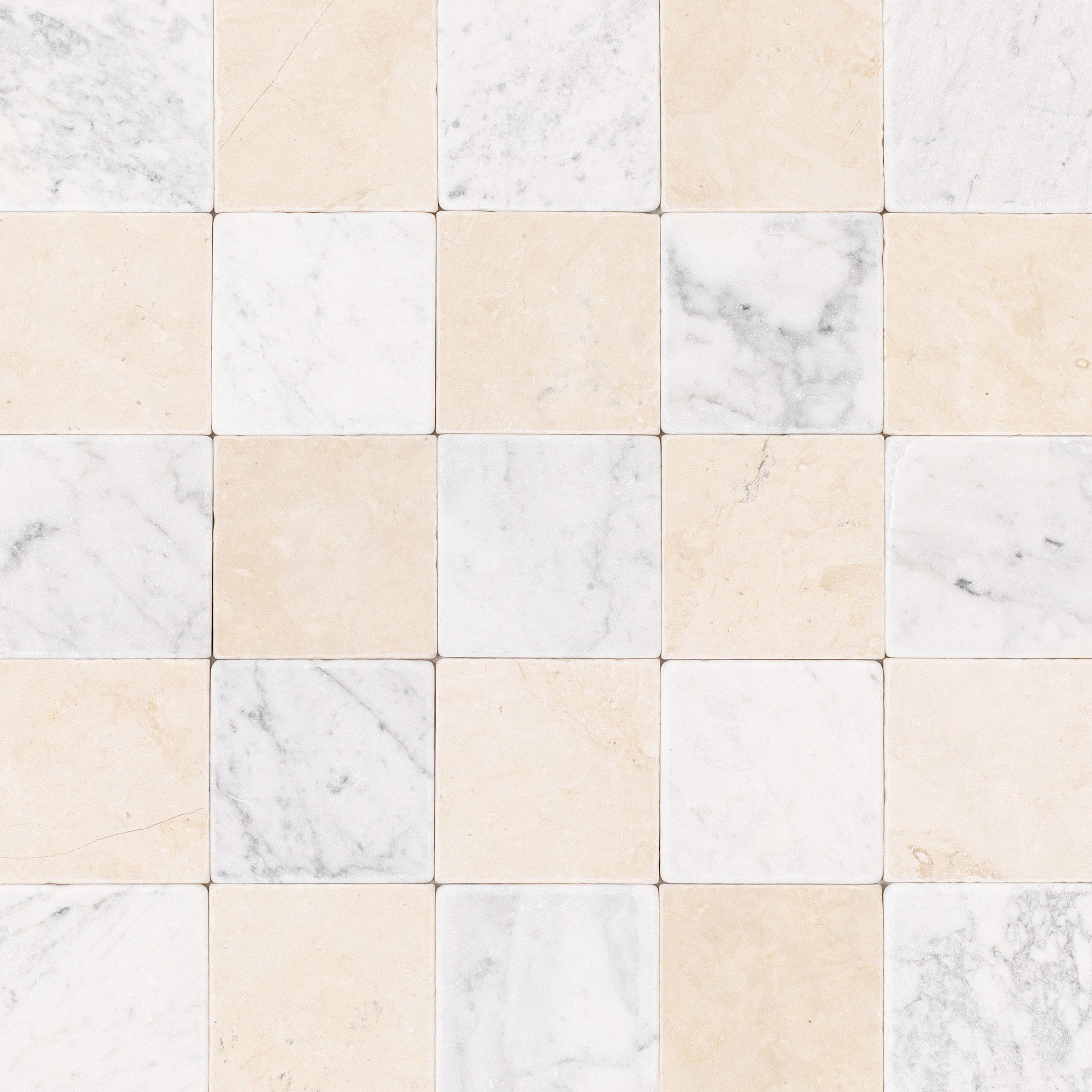 Carrara Desert Tea Tumbled Stone Checkerboard beige, white, gray marble tiles from Tumbled Natural Stone Tiles collection