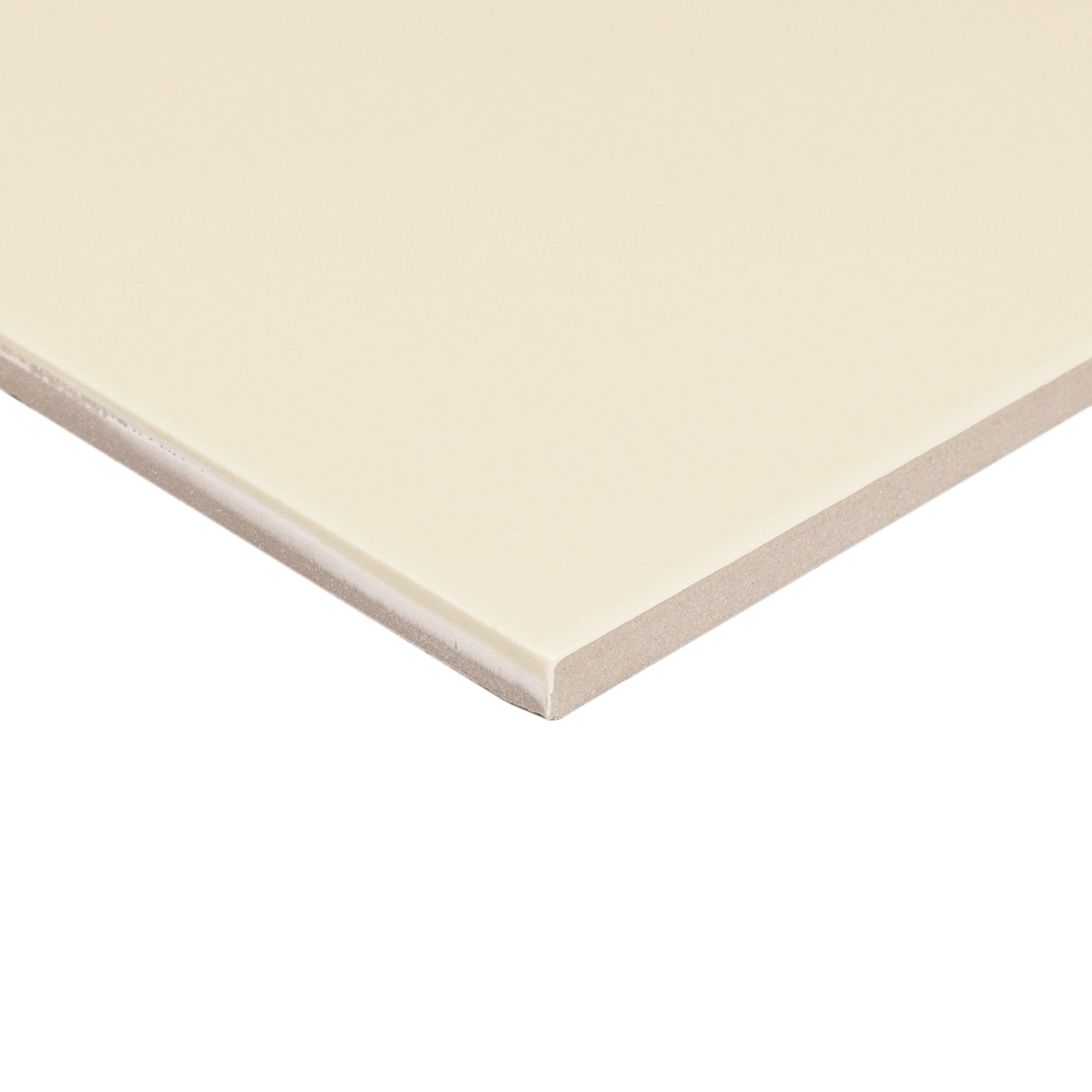 Close-up of a smooth cream-colored porcelain tile with a slightly beveled edge shown against a white background