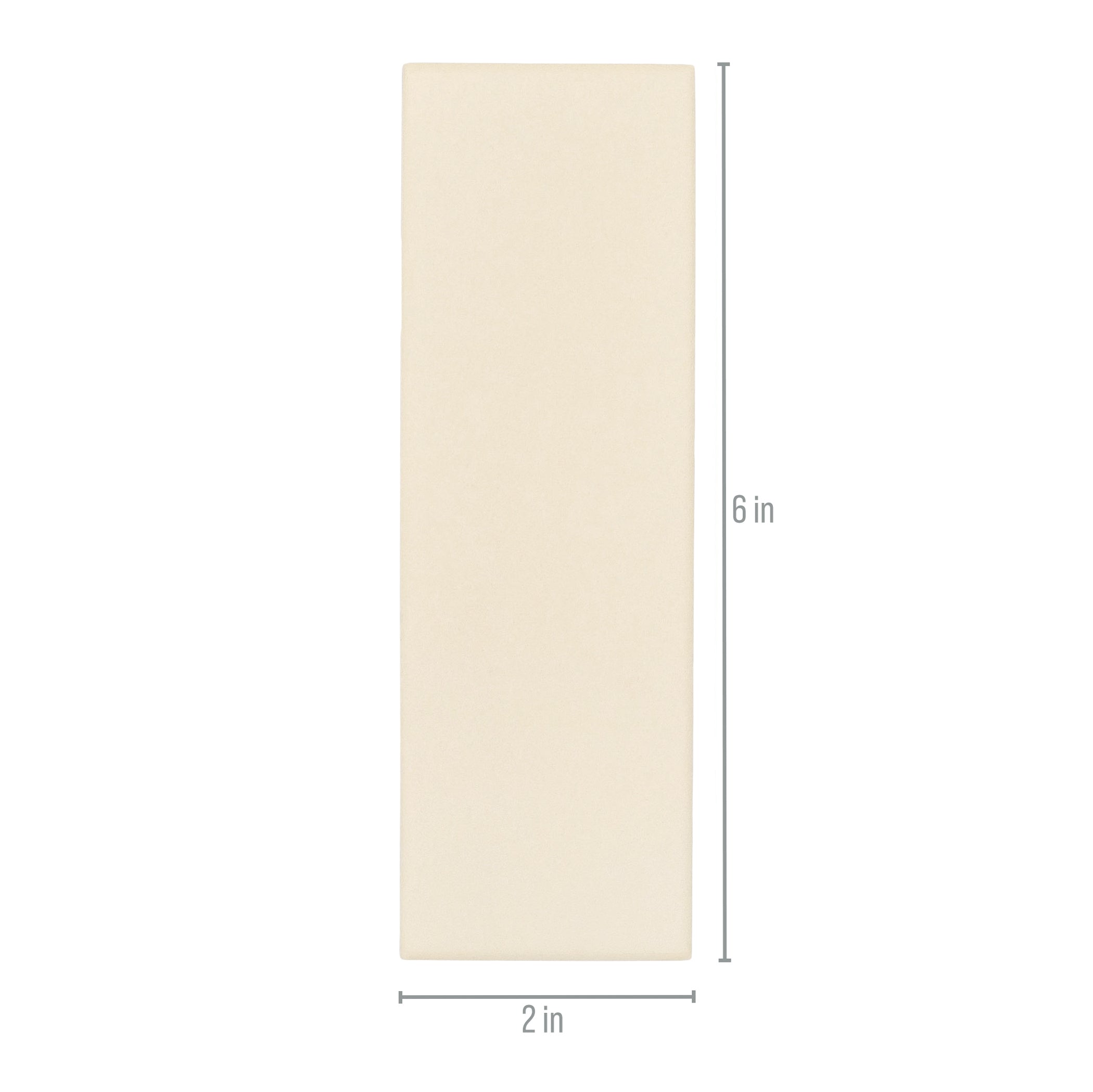 Matte porcelain tile in soft champagne with smooth texture and clean edges shown with 2 by 6 inch measurements