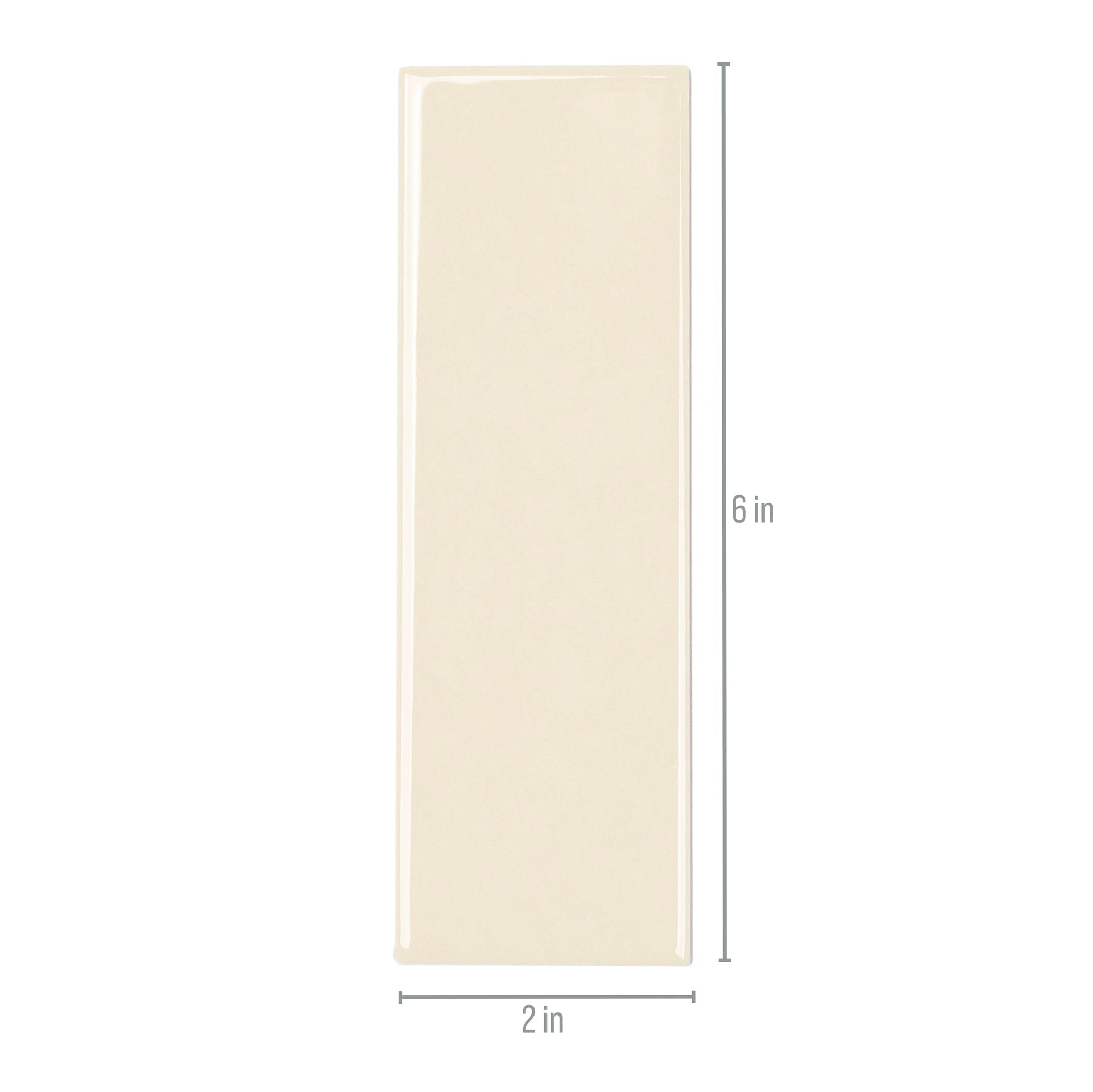 Glossy porcelain tile in a soft champagne color with clean edges shown alongside clear size dimensions