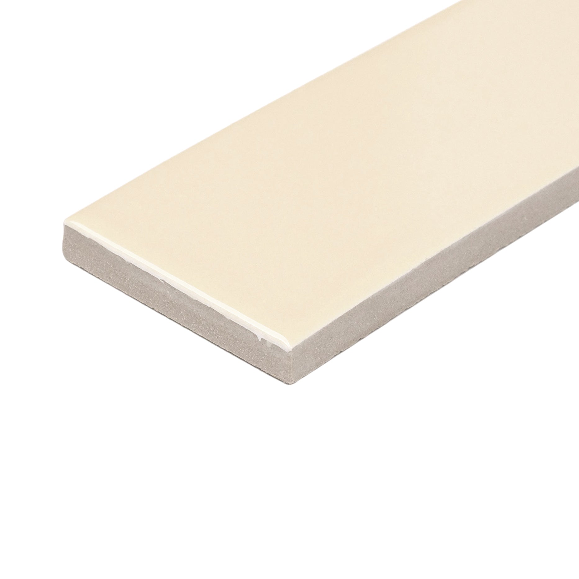 Glossy porcelain tile in creamy champagne tone with smooth surface and clean-cut edges isolated on white background