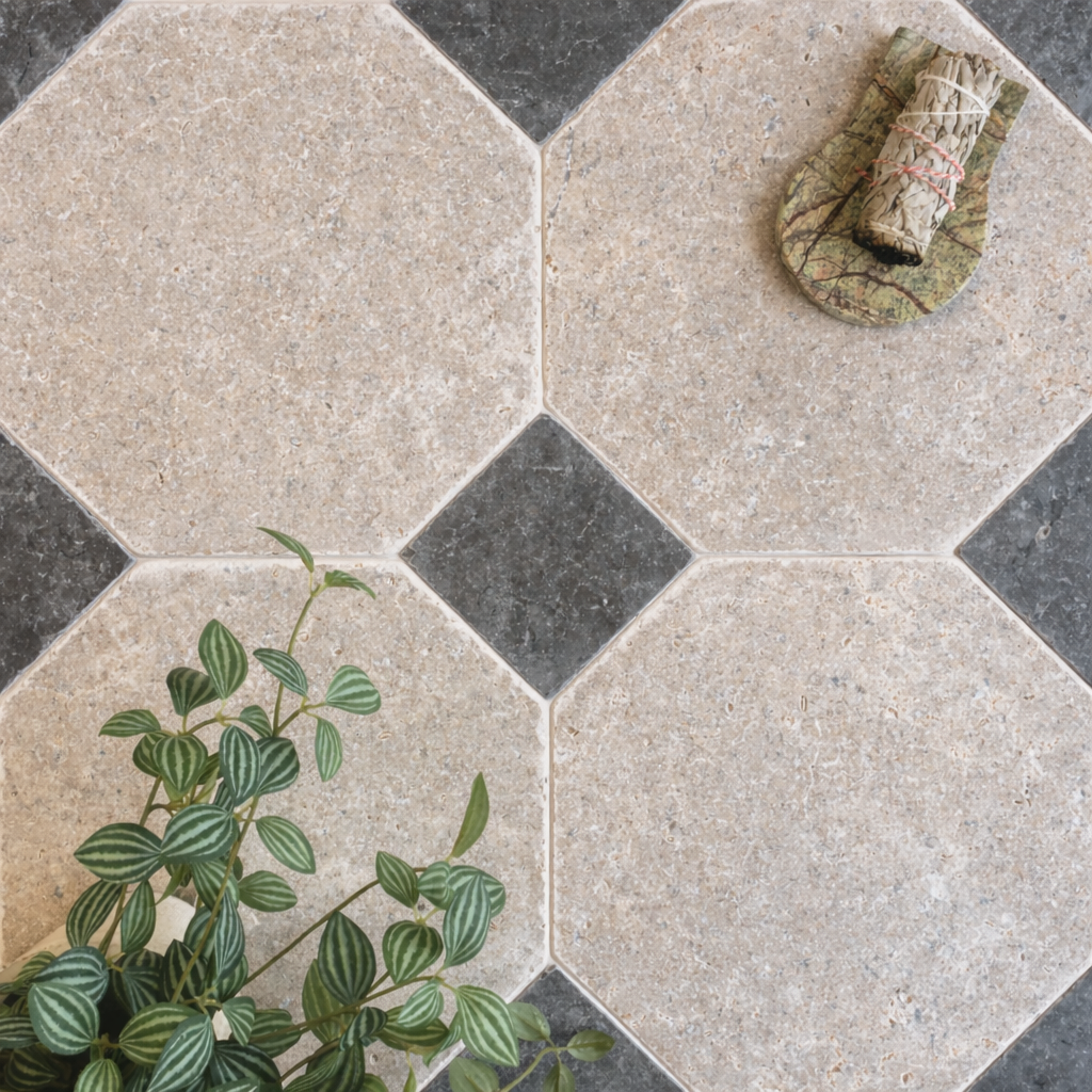 Neutral beige octagonal ceramic tiles paired with small dark square tiles and a leaf-patterned plant nearby