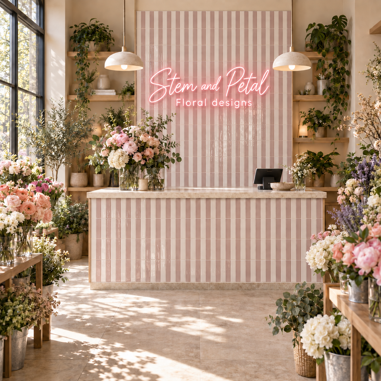 Flower shop interior with striped reception desk, floral arrangements, plants, and Stem and Petal Floral designs sign