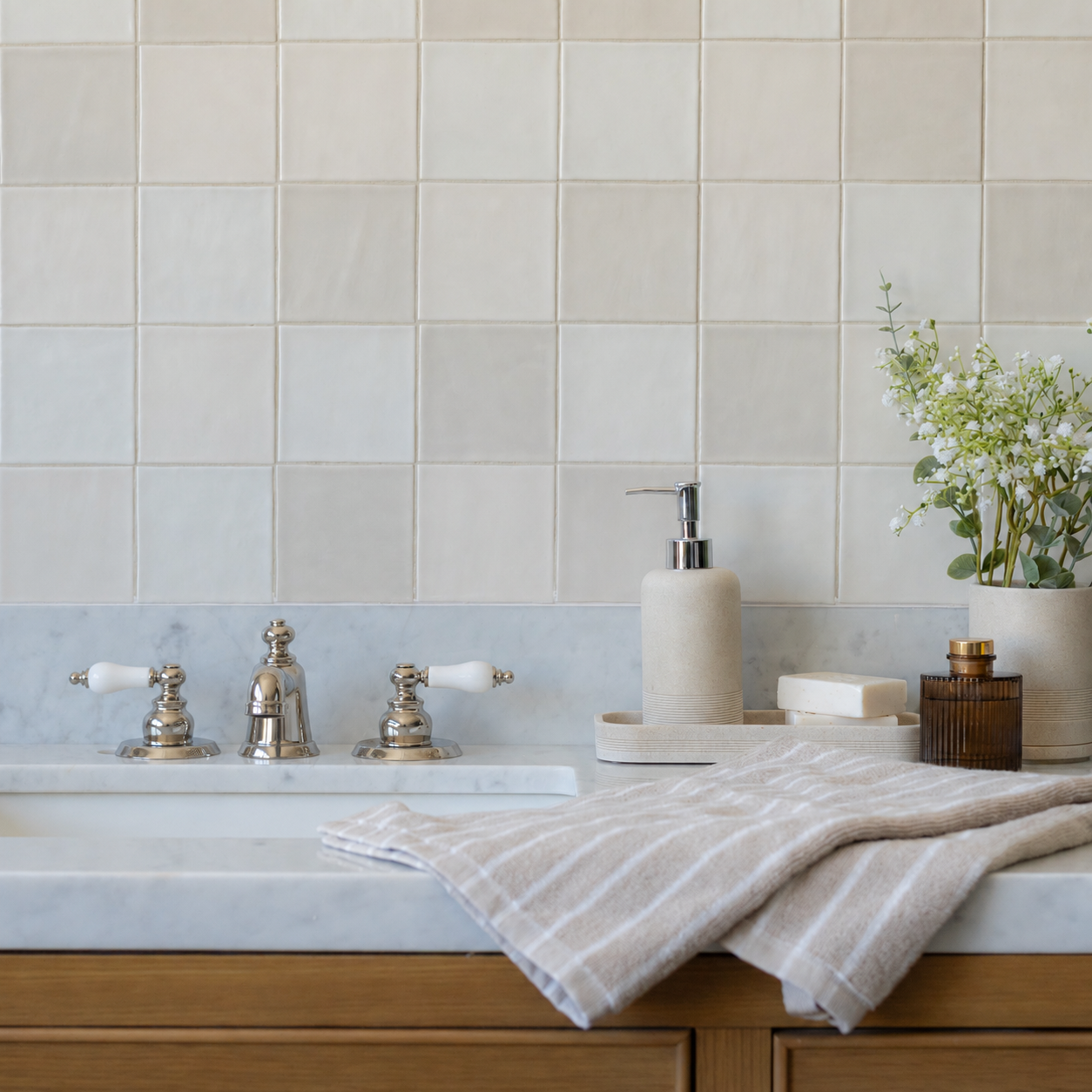 Bathroom sink with square ceramic tile backsplash, chrome faucets, soap dispenser, folded towel and flowers