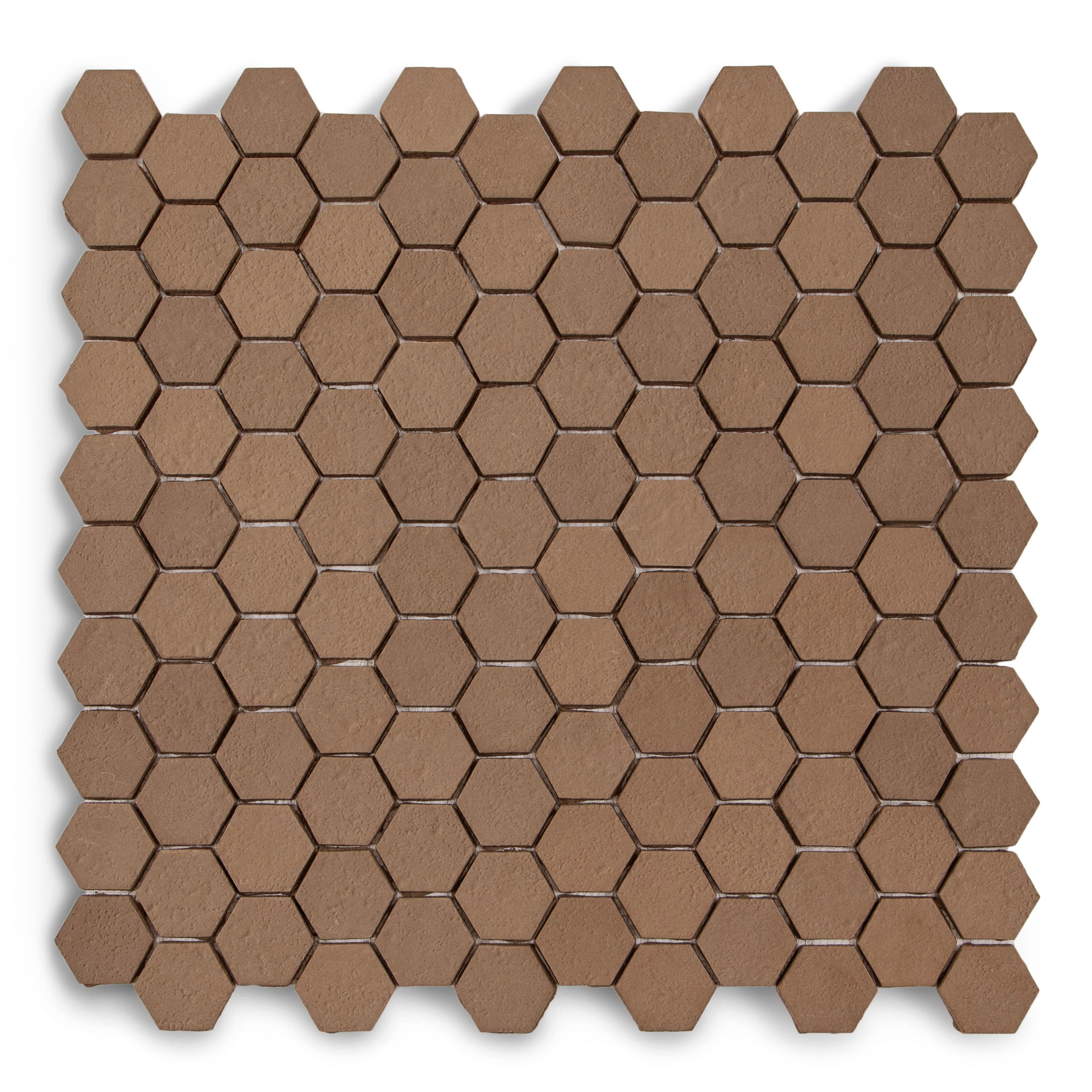 Chocolate 2" Hexagon Textured Terracotta Mosaic in brown geometric pattern from Cotto Colors Terracotta Tile and New Arrivals collections