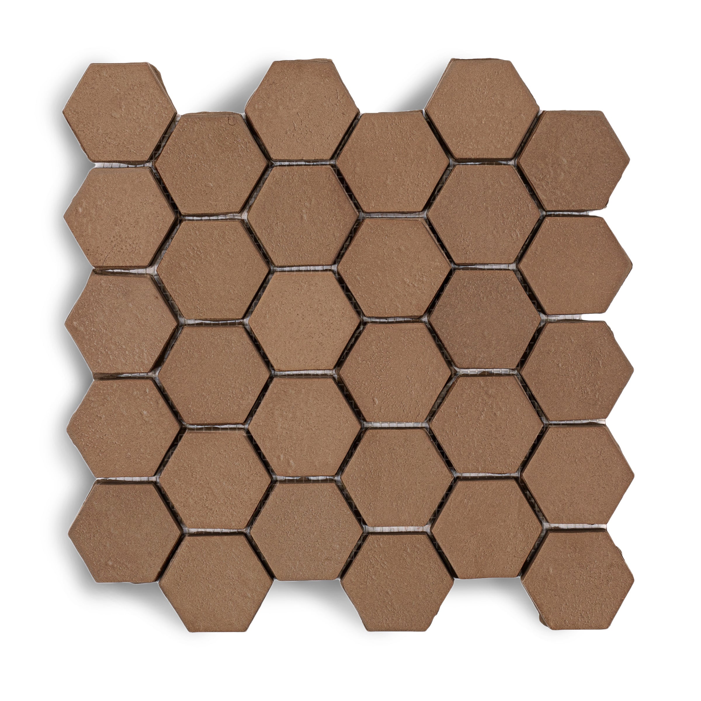 Chocolate 2" Hexagon Textured Terracotta Mosaic in brown geometric pattern, from Cotto Colors Terracotta Tile and New Arrivals collections