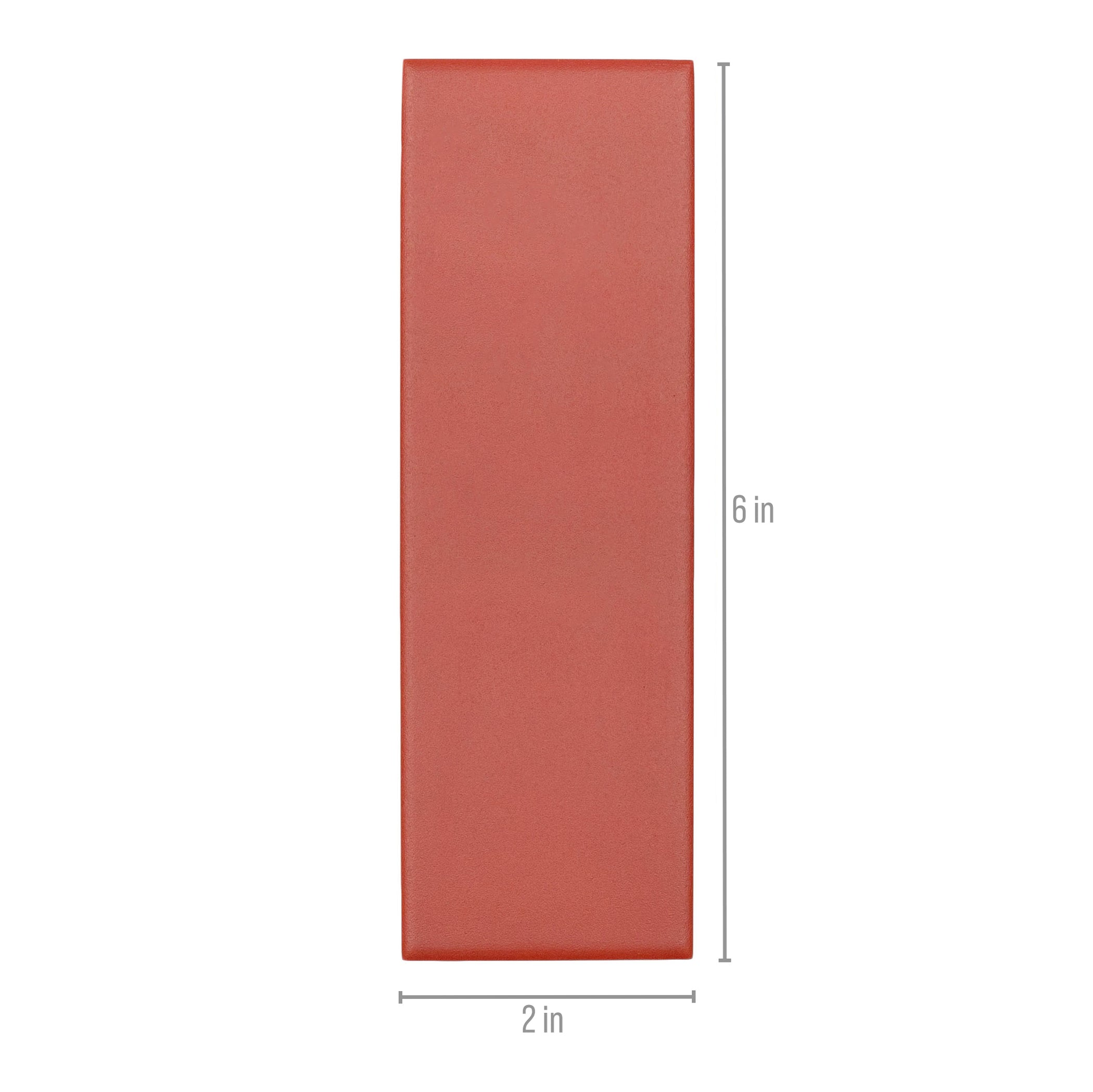 Matte rectangular ceramic tile in warm terracotta shade with smooth surface and clean edges shown with inch measurements