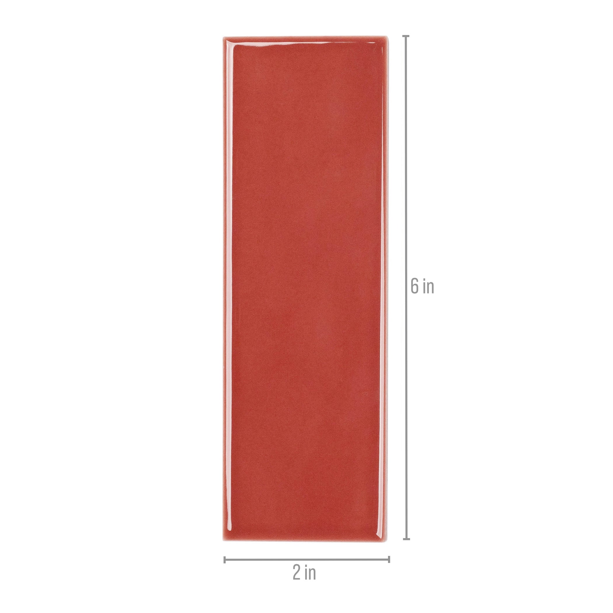 Glossy rectangular ceramic tile in warm cinnamon red with smooth surface and clean edges shown with size markers