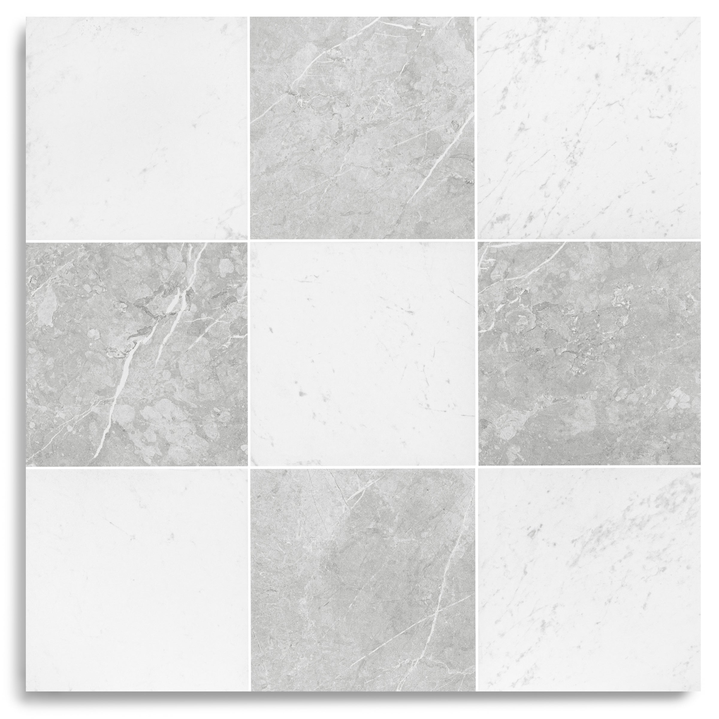 Classico Matte Marble Look Porcelain Checkerboard with gray and white porcelain tile squares in a classic pattern