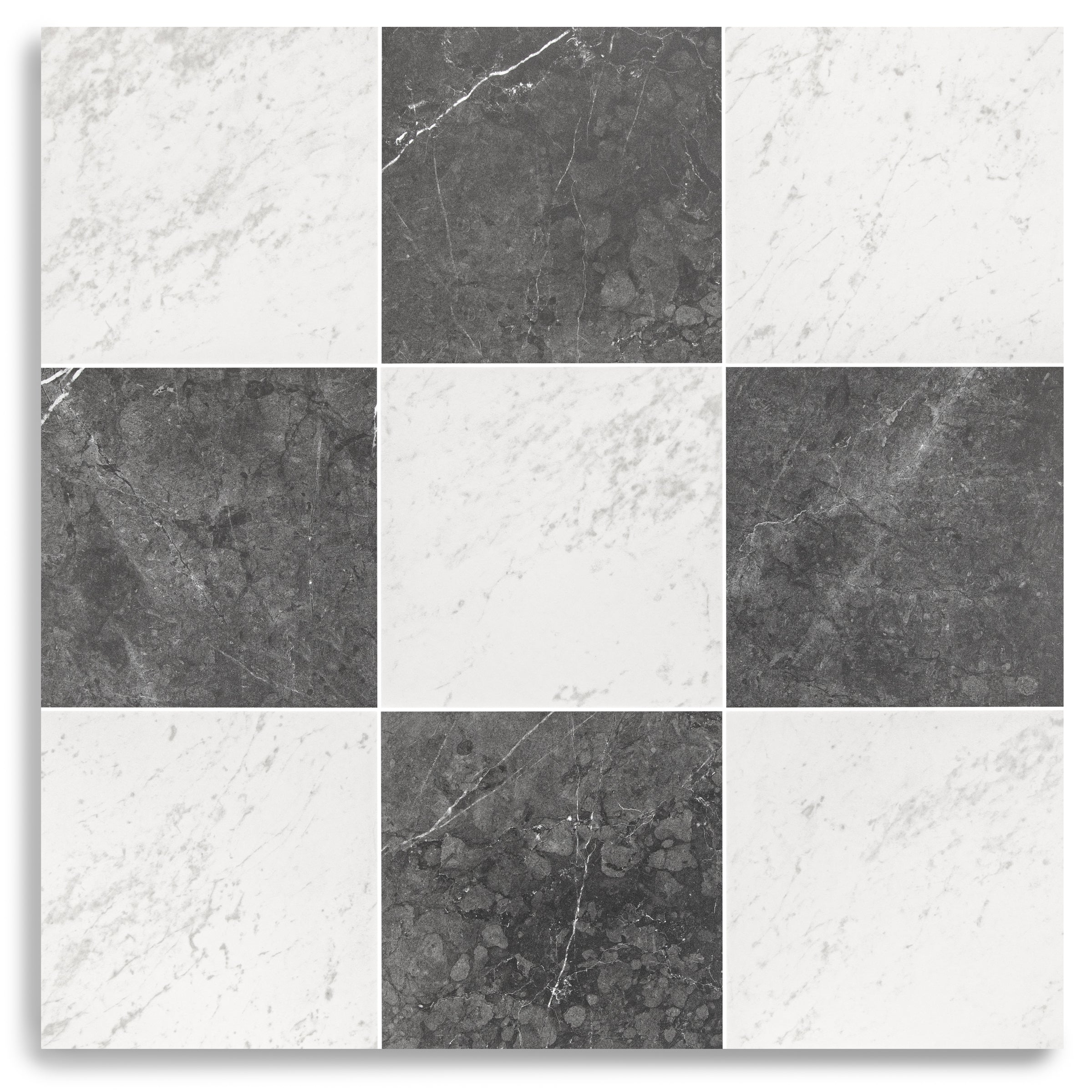 Classico Matte Marble Look Porcelain Checkerboard in gray, silver, black, and white tones from Large Format Tiles collection