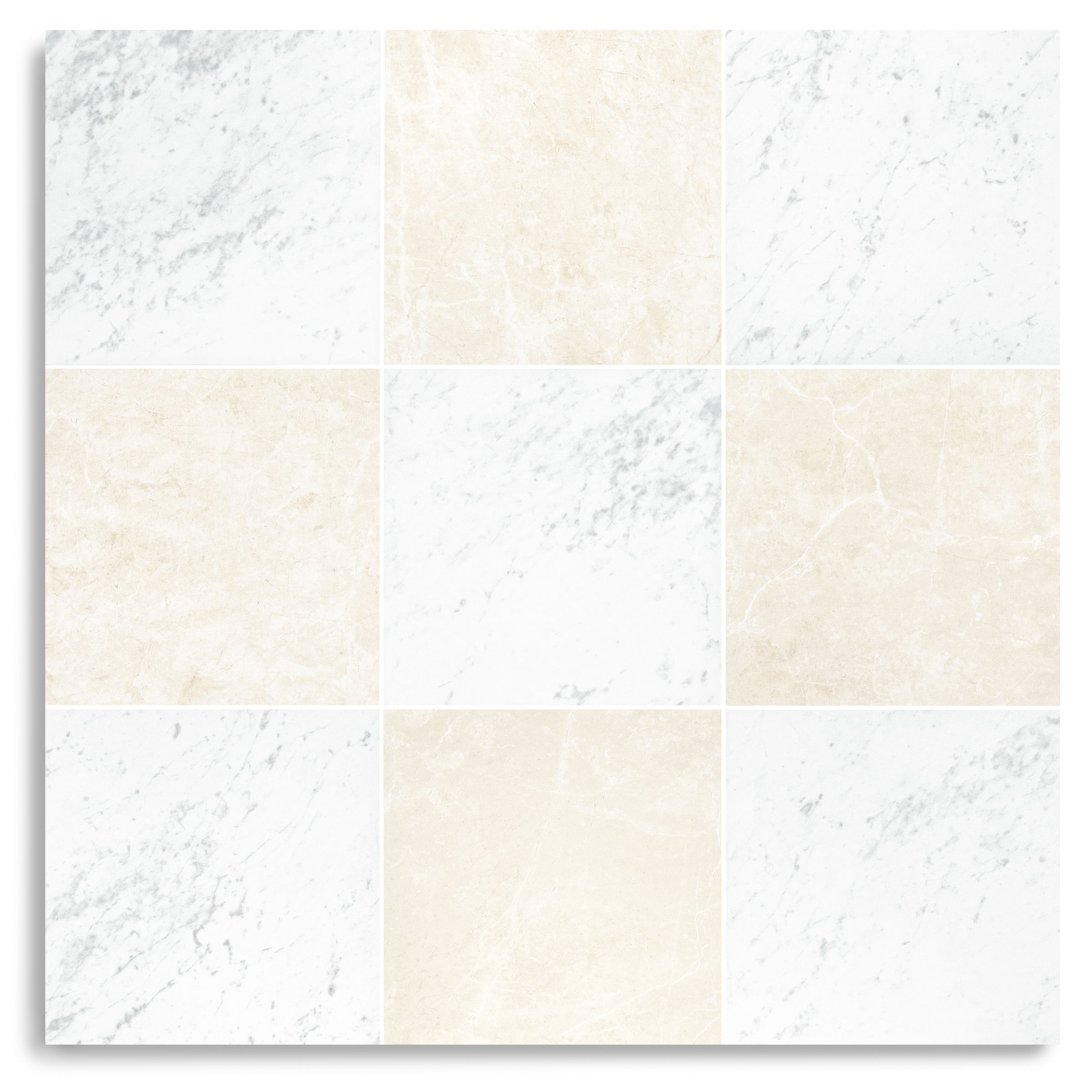 Classico Matte Marble Look Porcelain Checkerboard in beige, gray, and white tones from Large Format Tiles collection