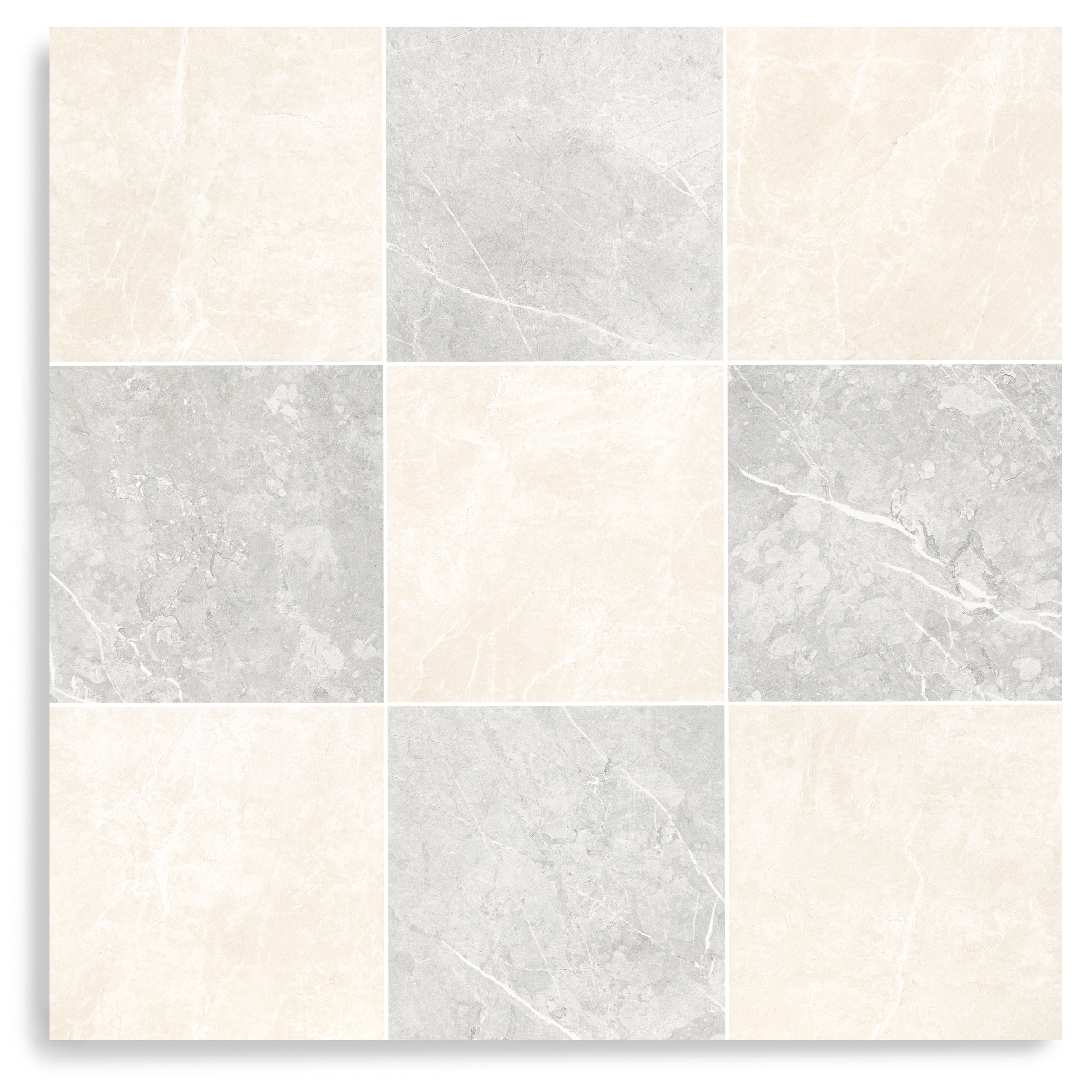 Classico Matte Marble Look Porcelain Checkerboard in beige, gray, and white tones from Large Format Tiles and Marble Editions Porcelain Tile collections