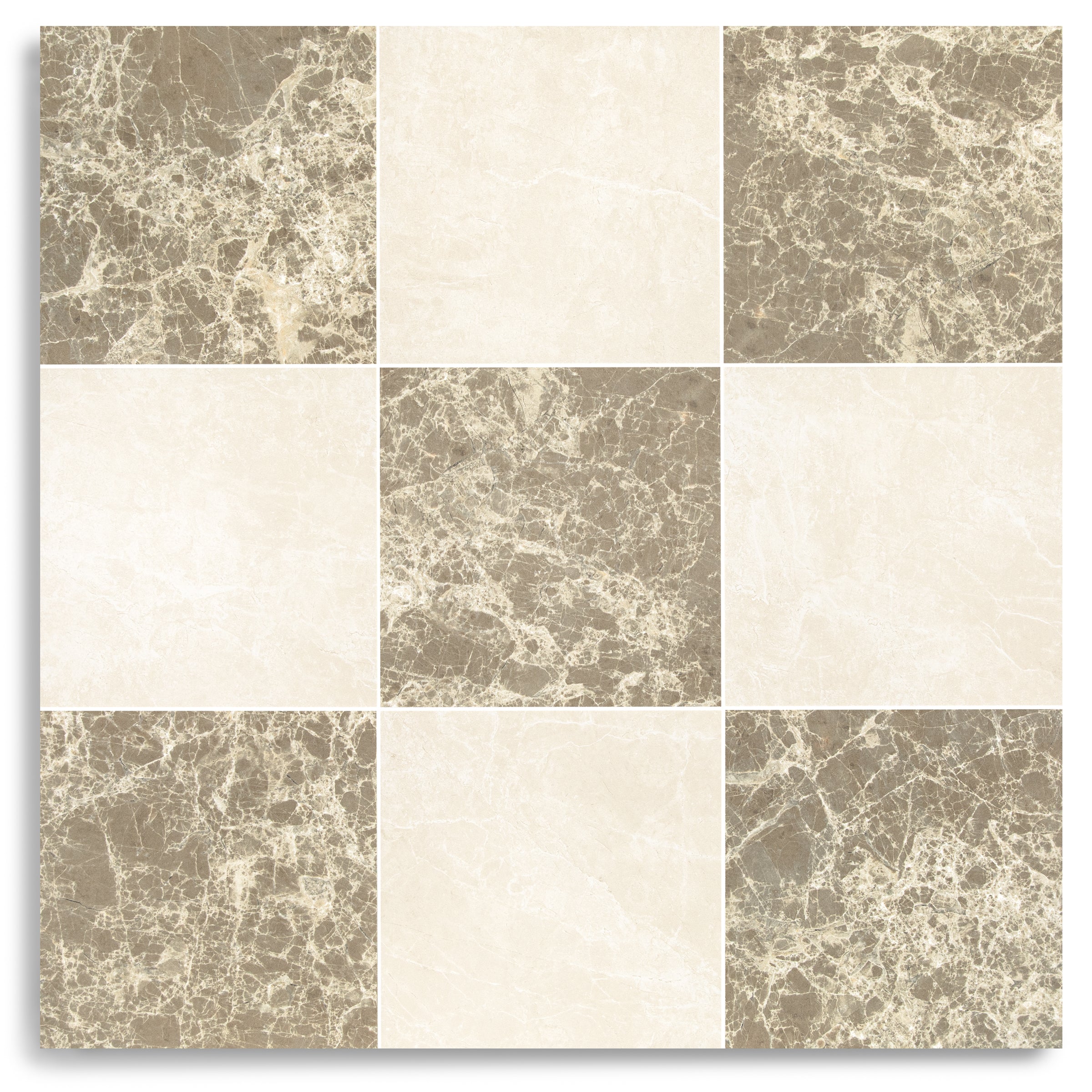 Classico Matte Marble Look Porcelain Checkerboard in beige, brown, and white tones from Large Format Tiles and Marble Editions Porcelain Tile collections