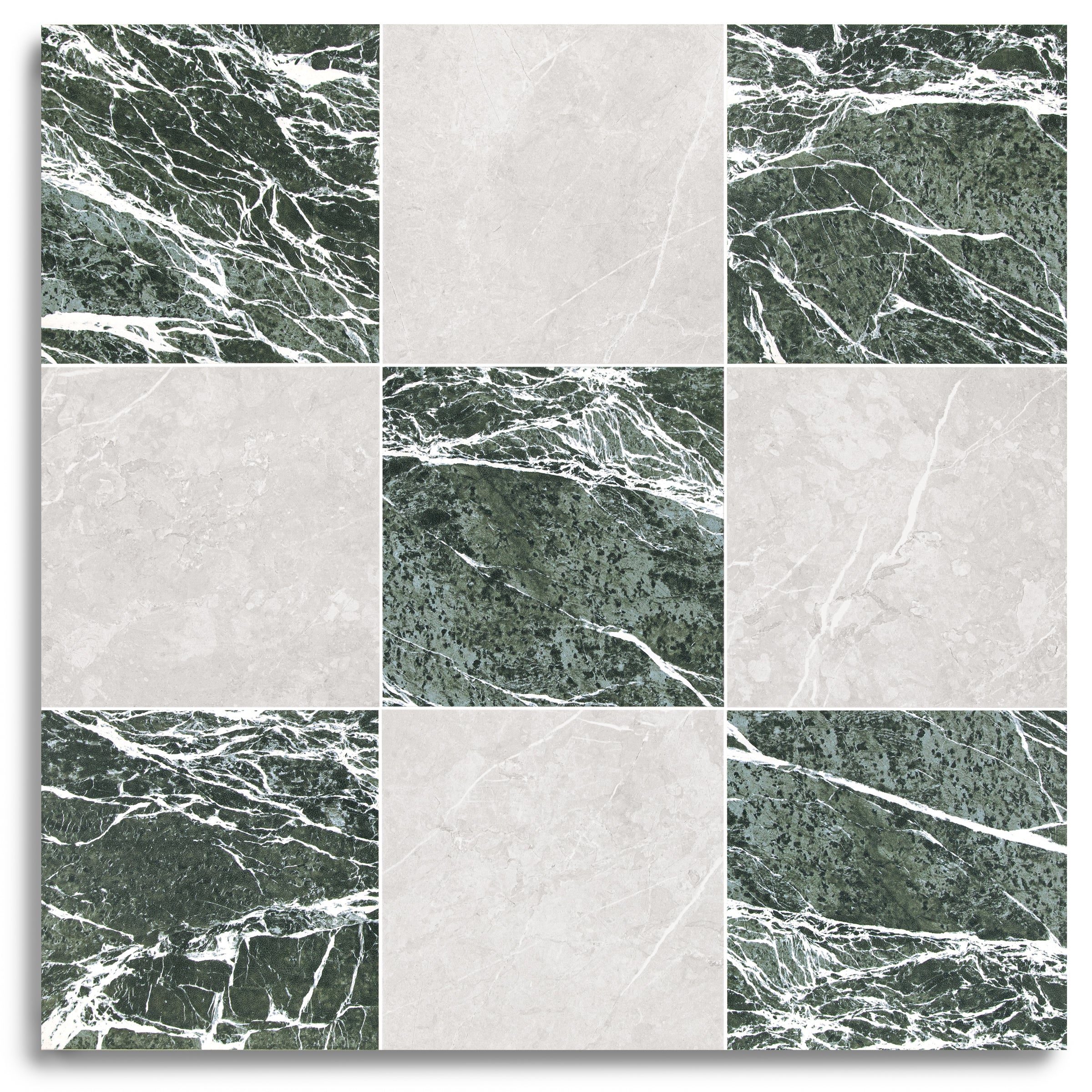 Classico Matte Marble Look Porcelain Checkerboard in green, gray, and white tones from Large Format Tiles and Marble Editions Porcelain Tile collections