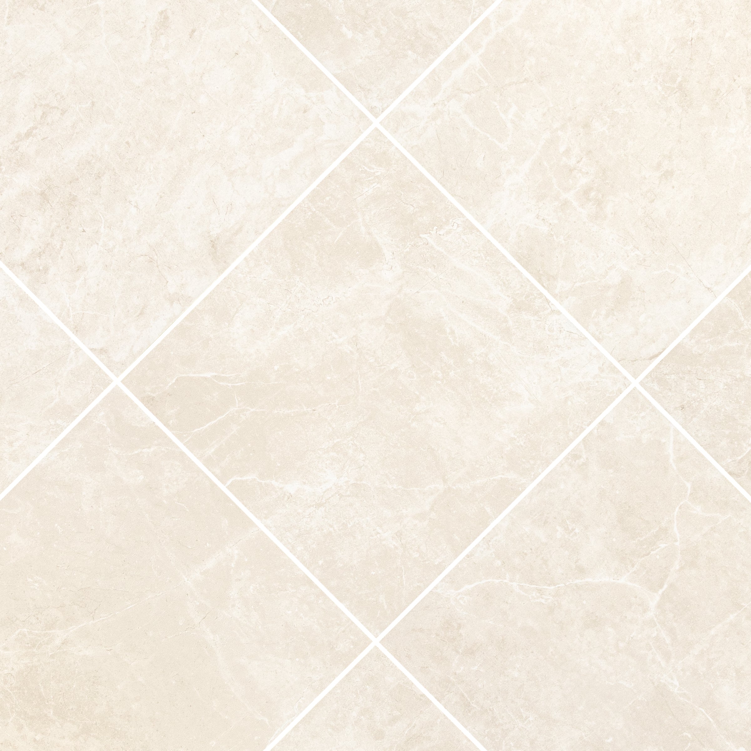 Cream-colored porcelain tiles with a smooth marble-inspired texture arranged in a diamond pattern on white grout