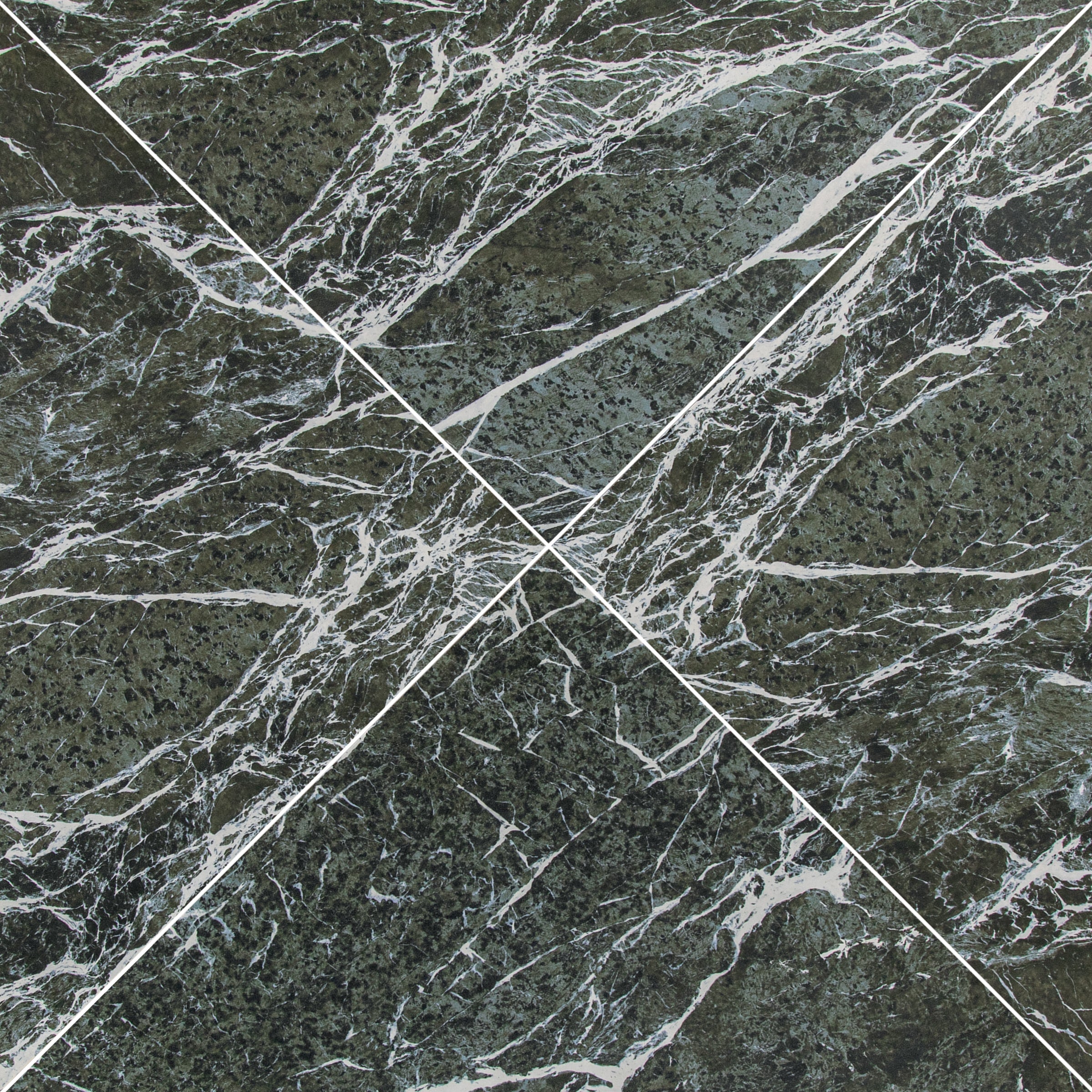 Dark green ceramic tile with dynamic white marble-like veining and a polished natural stone texture in a square layout