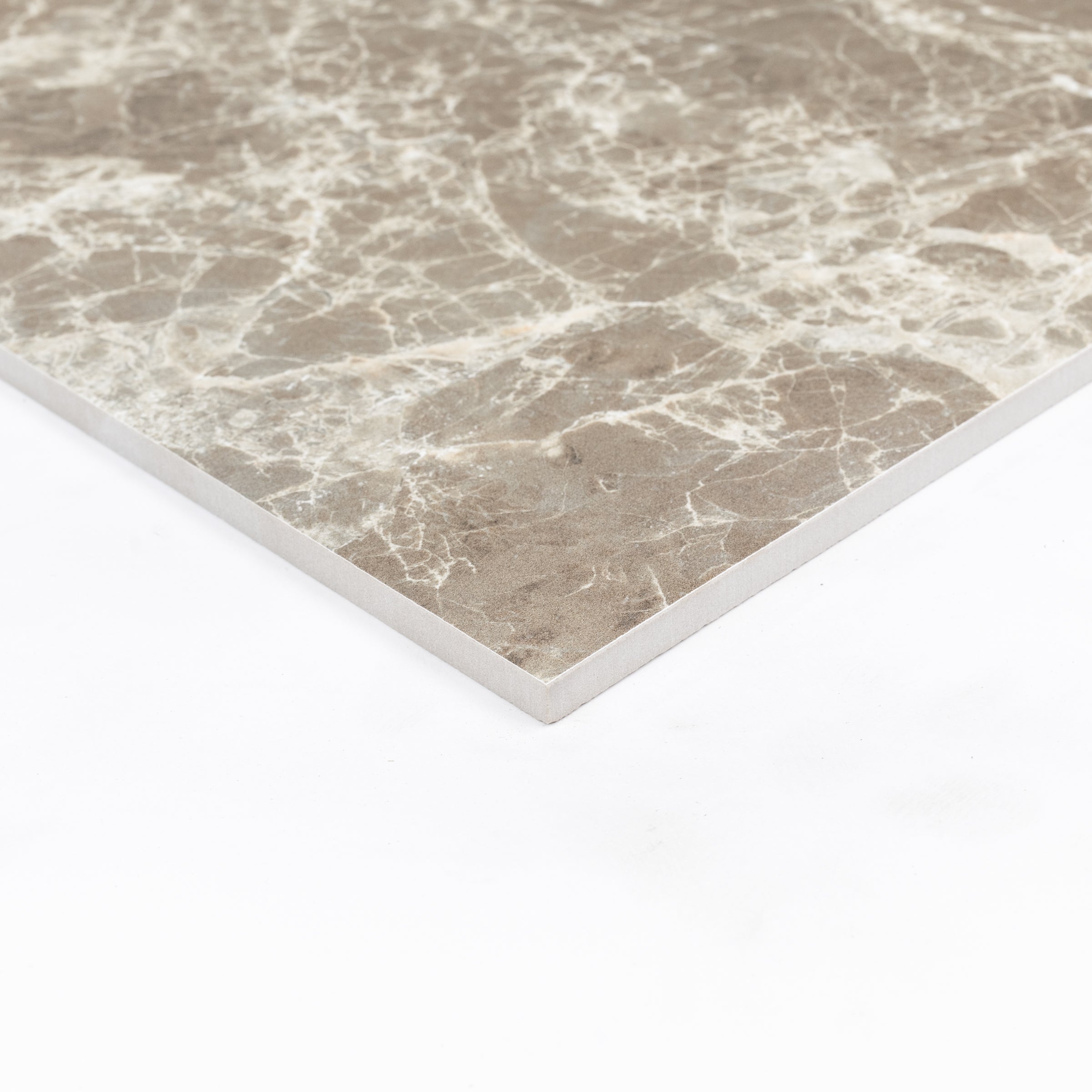 Ceramic tile with taupe and beige marble-inspired veining and a smooth surface against a white background