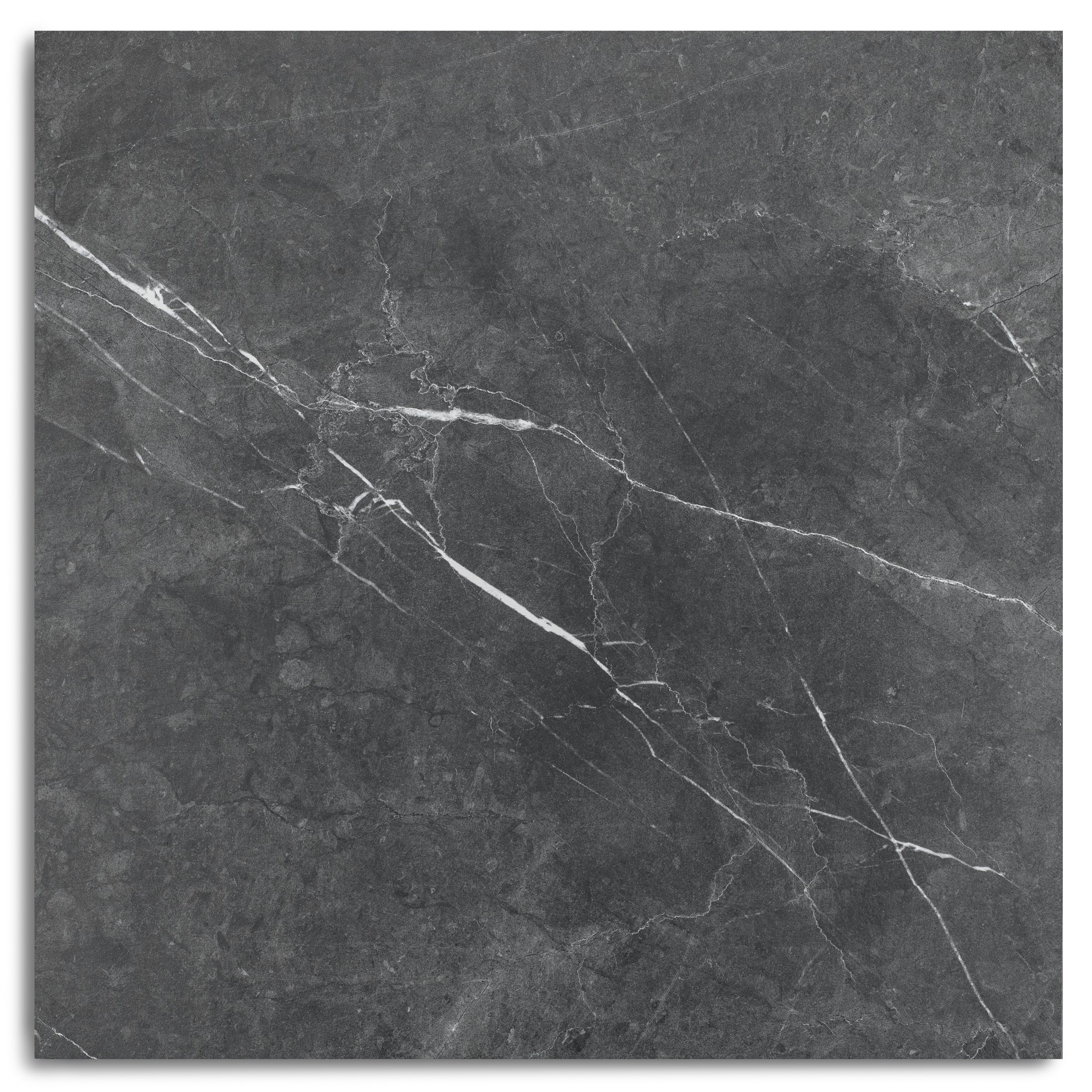Dark charcoal ceramic tile with bold white marble-like veining and a smooth natural stone texture
