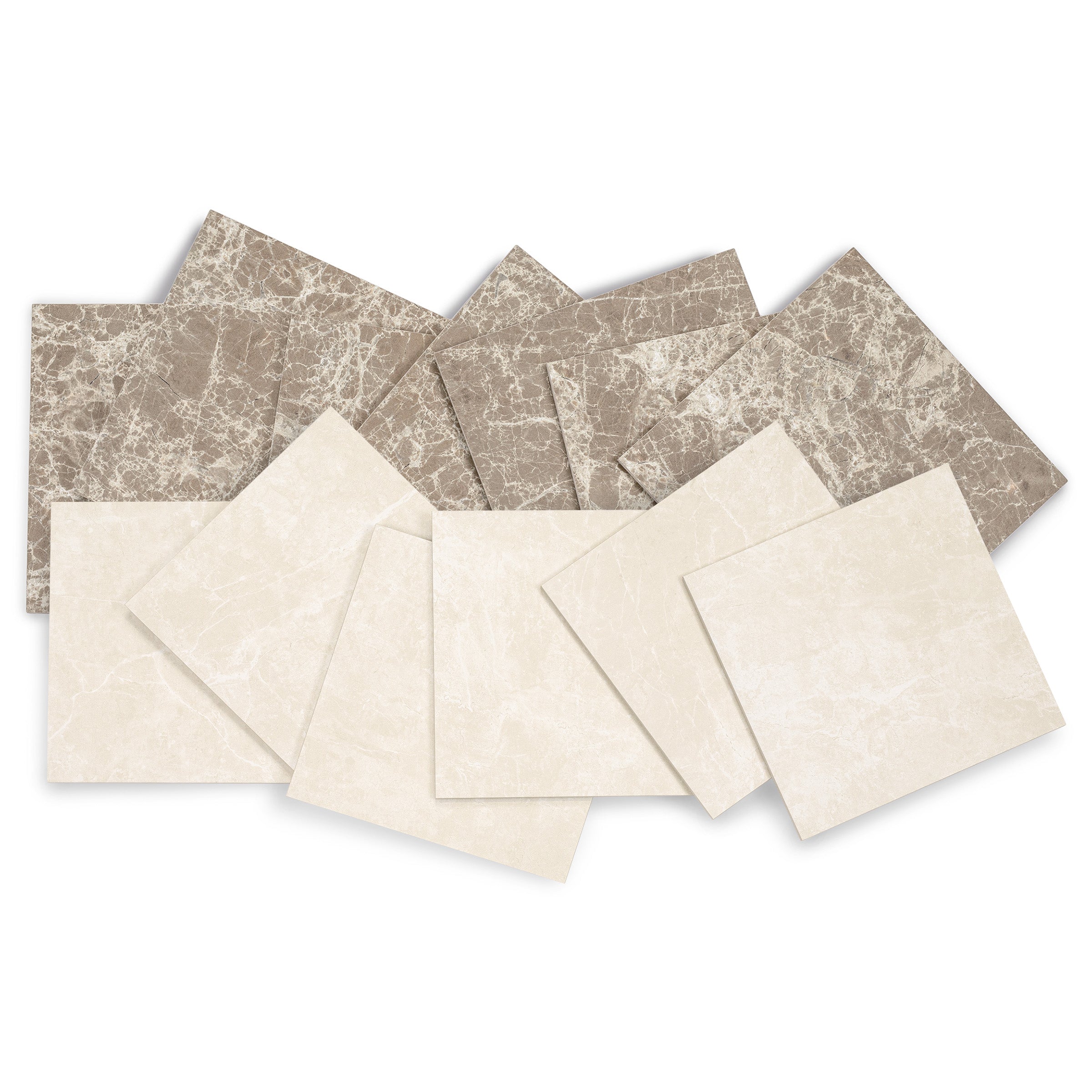 Two overlapping piles of ceramic tiles in light beige and warm taupe with subtle marble-like veining patterns