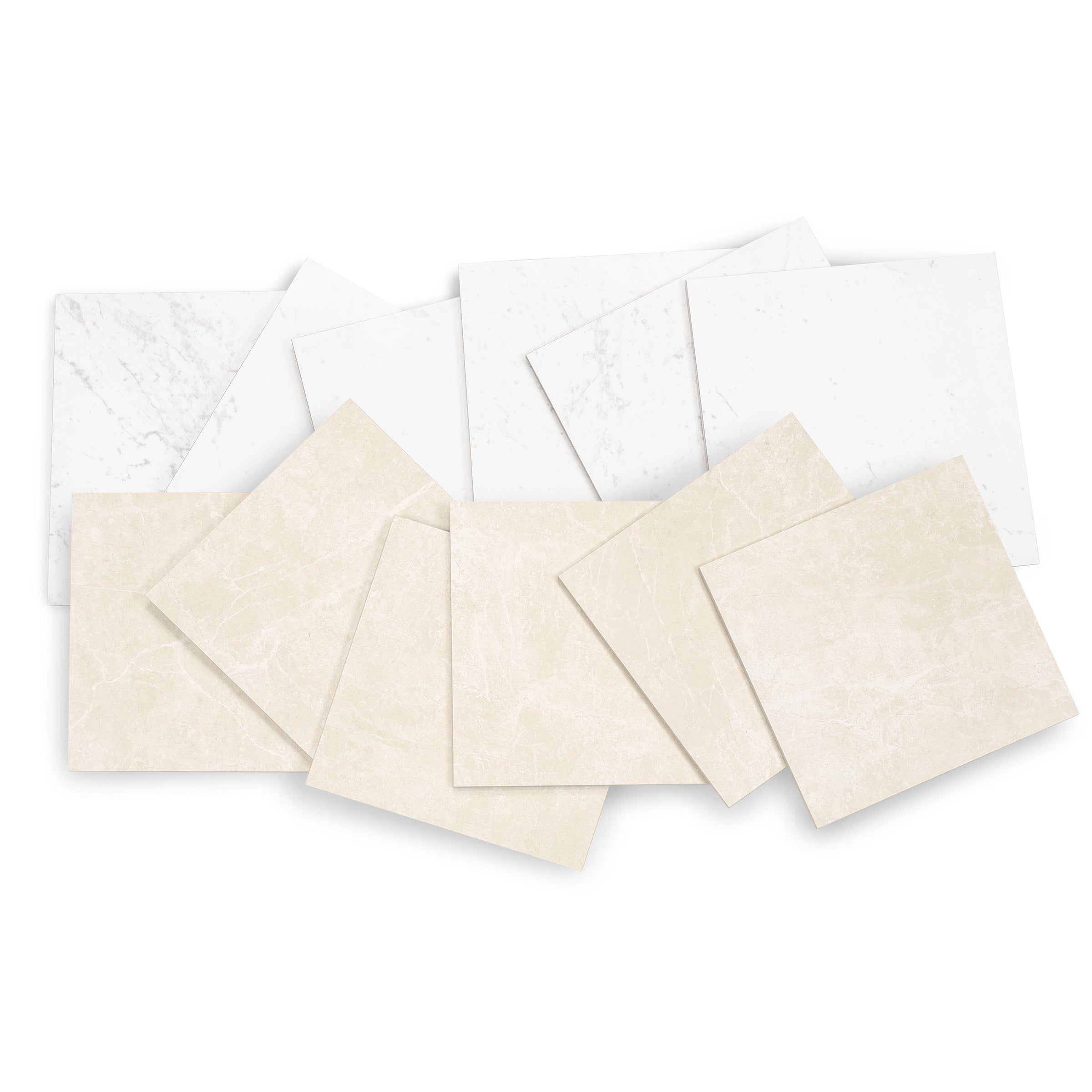 Collection of square ceramic tile samples in soft white and warm beige tones with subtle veining textures