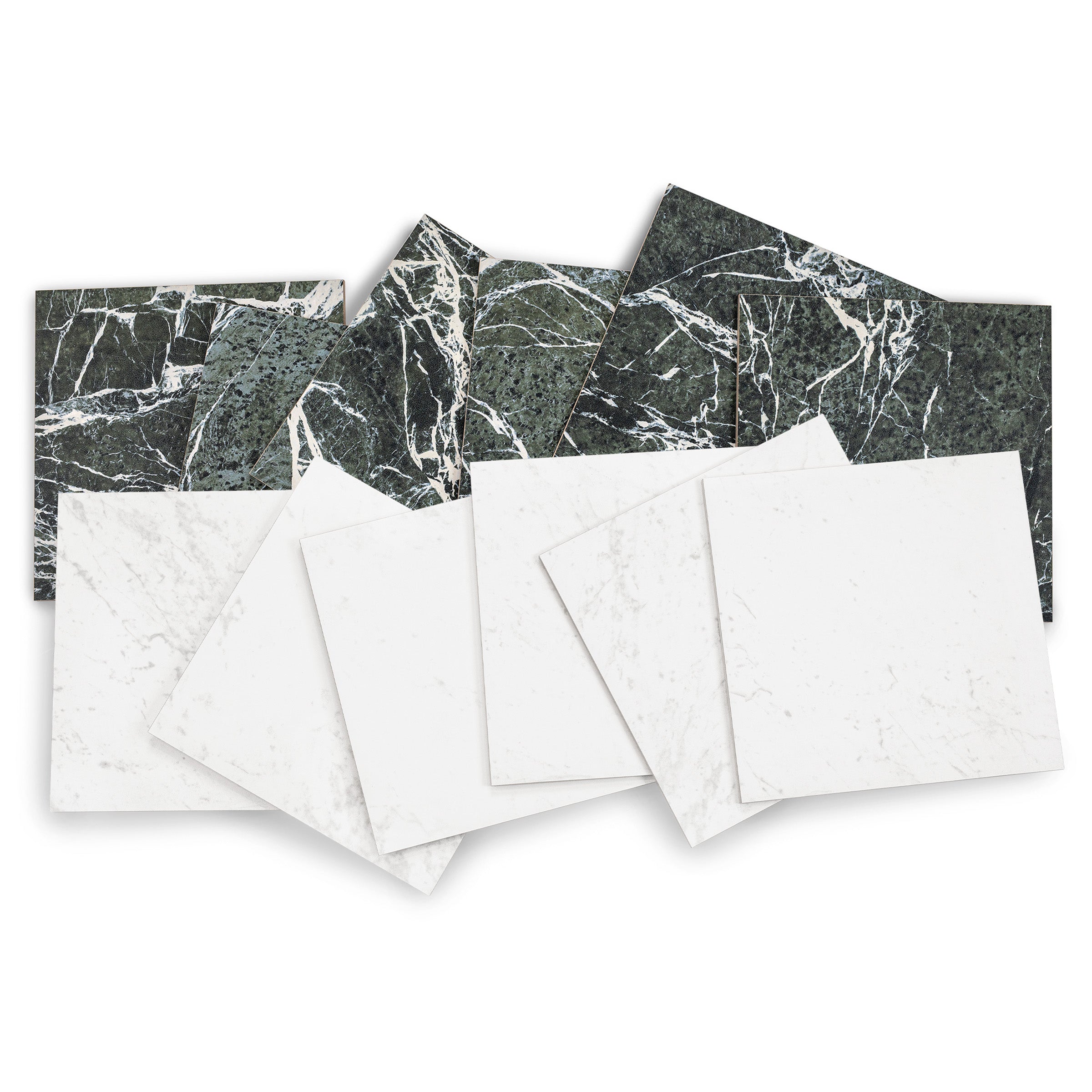 Overlapping square porcelain tiles in dark green and white marble finishes arranged on a white surface