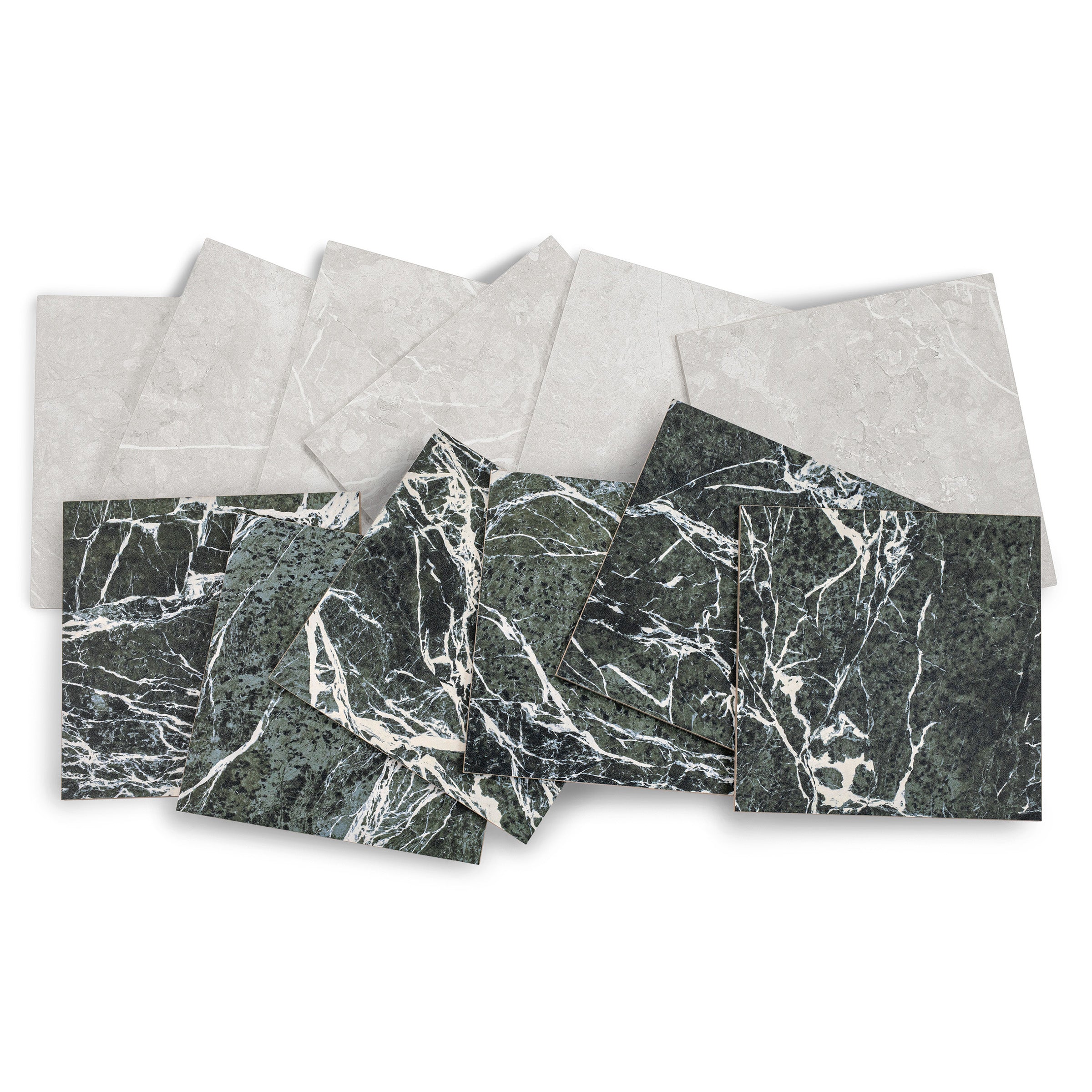 Square ceramic tile samples in muted beige and dark green marble patterns with white veining, arranged overlapping
